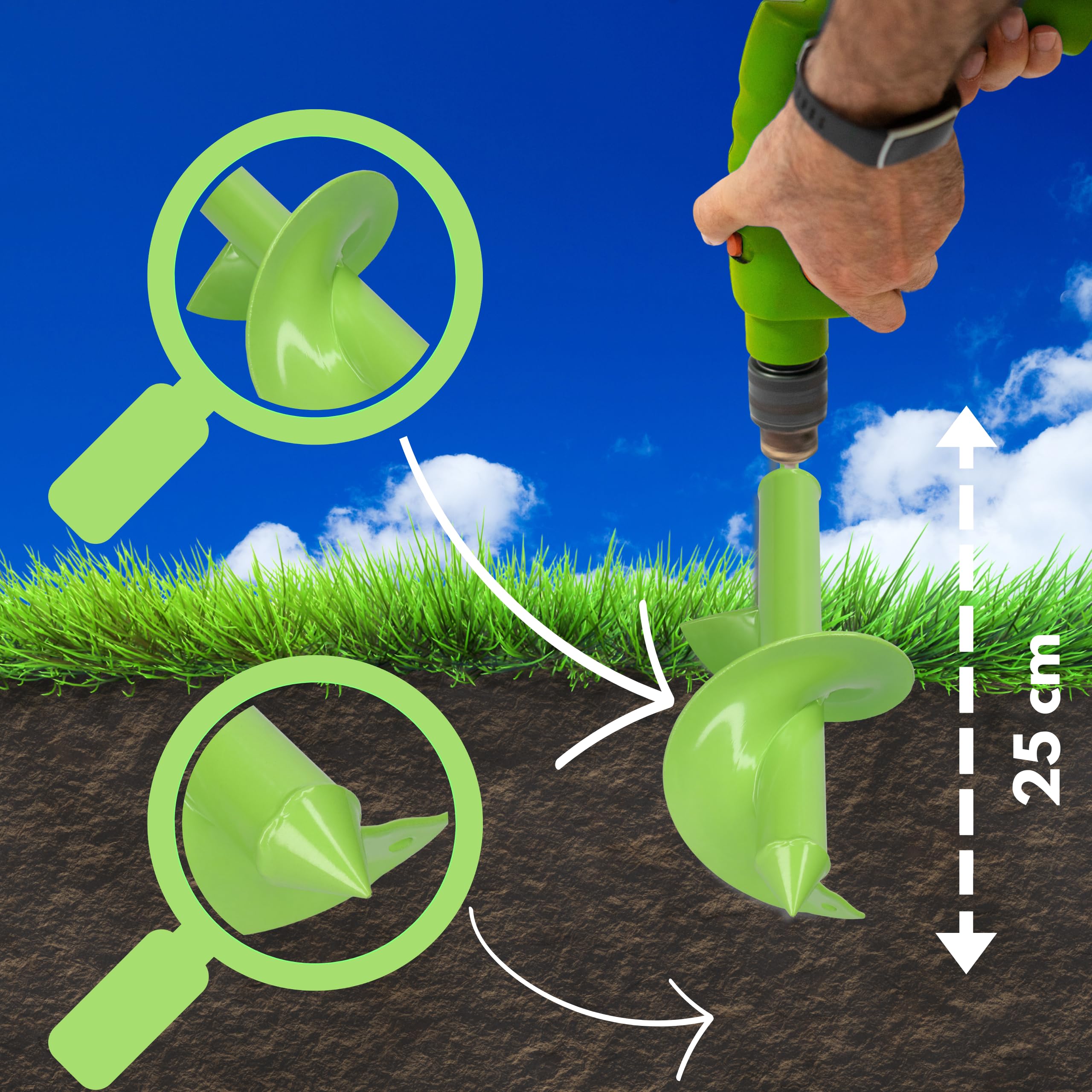 WERHE Punta da terra 100 mm Ø, lunga 250 mm per trapano e avvitatore a batteria – trivella da giardino per piantare senza sforzo fiori, arbusti e scavare fori per pali di recinzione