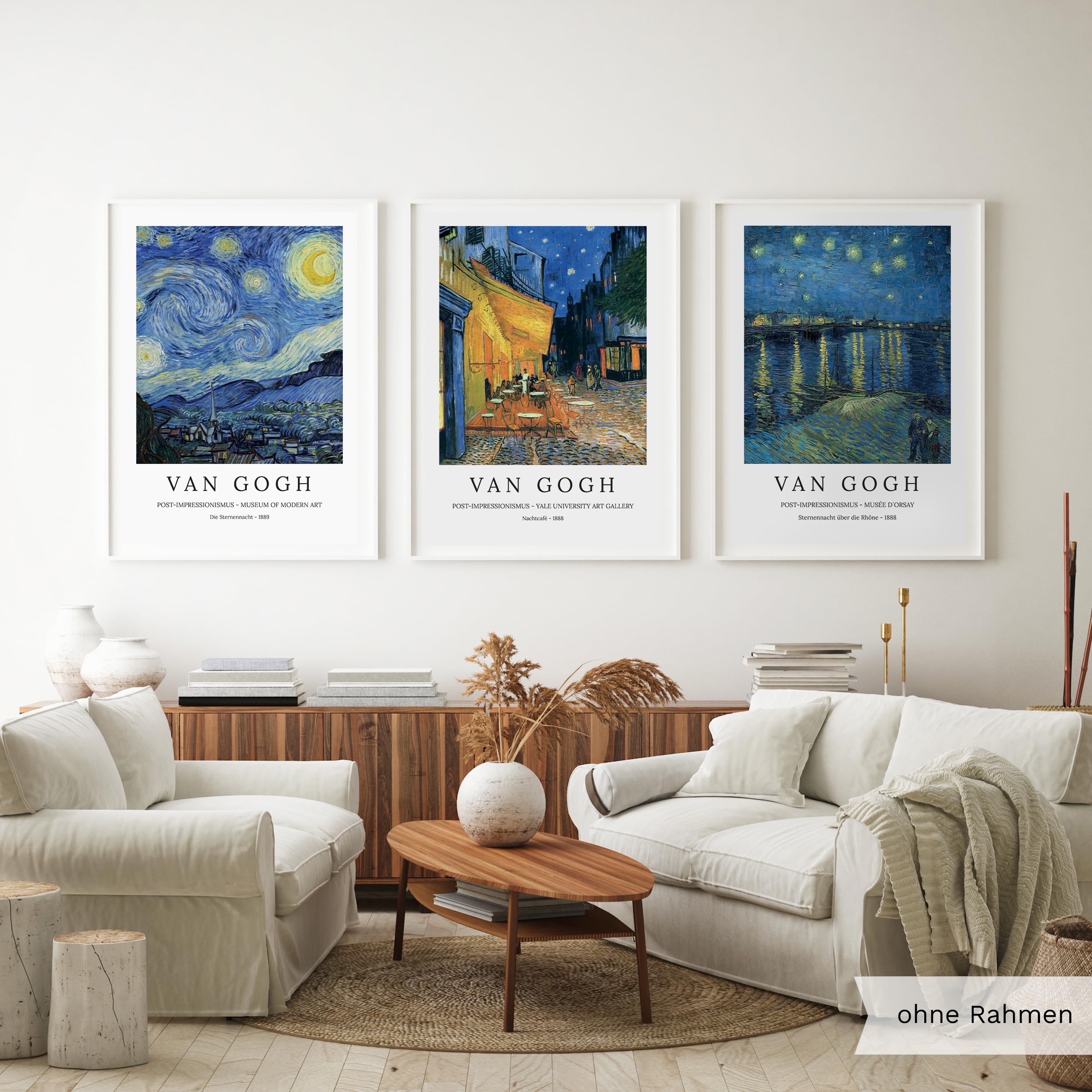 Bilder-Set: 3 x DIN A1 (60x84) Premium Posterpapier - Vincent van Gogh, Die Sternennacht; Nachtcafé; Sternennacht über die Rhône, Kunstdruck ohne Rahmen, Wandbild, Bilderwand - A4, A3, A2, A1, A0, ..