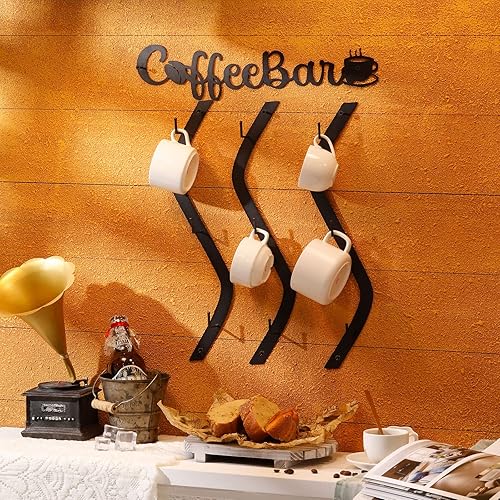 Miniatura 2 de Estante de pared para tazas de café montado con letrero de barra de café, soporte de taza de café para colgar en la pared, soporte de taza de café