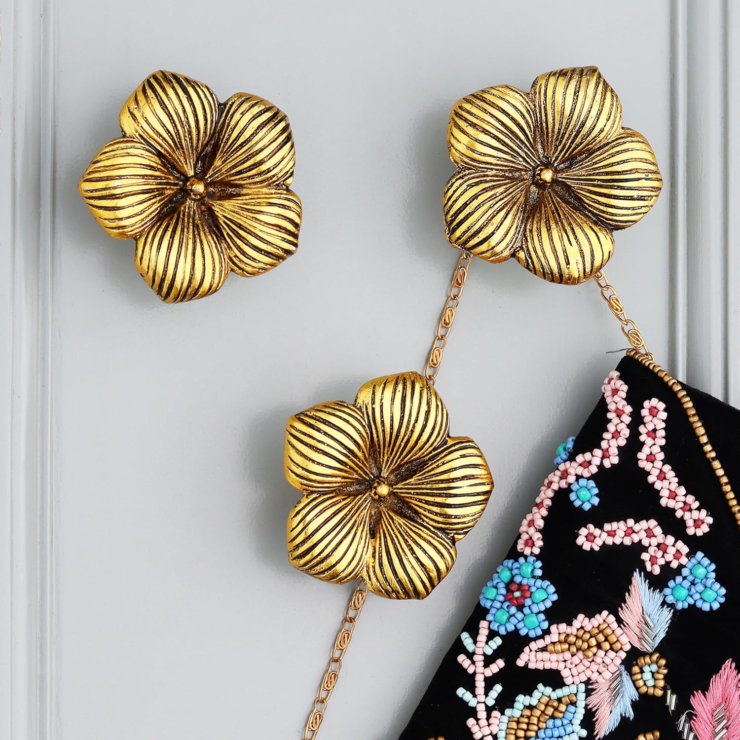 Indian Shelf 3 Boho Flower Decorative Wall Hooks Heavy Duty- Floral Gold Hooks- Vintage Coat Rack Wall Mount for Hanging Things, Towels, Purse, Bags, Leash, Backpack Hanger, Hat Holder