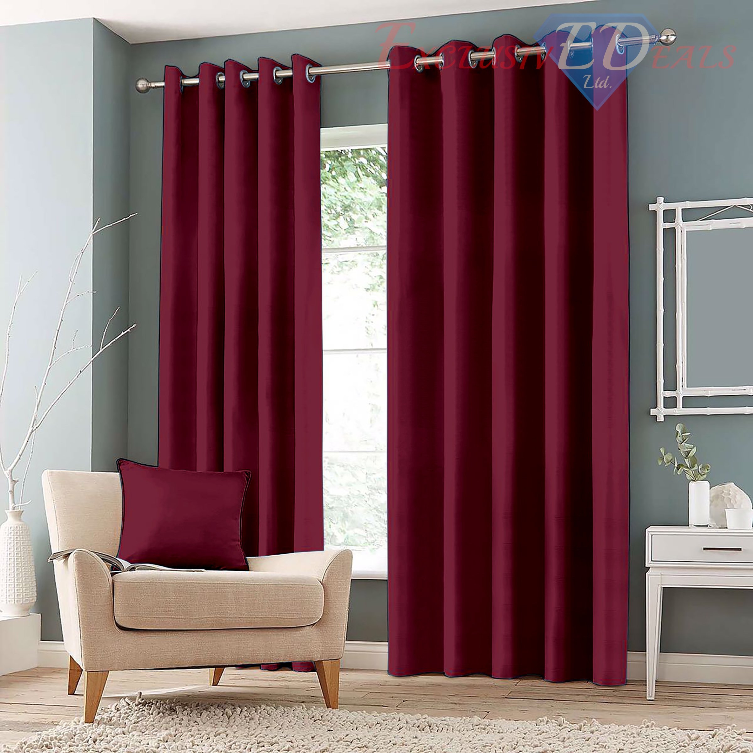 Luxury Curtains Thermal Blackout Eyelet Curtains Pair with Free Tie Backs Soft (46" Wide x 54" Drop, Wine)