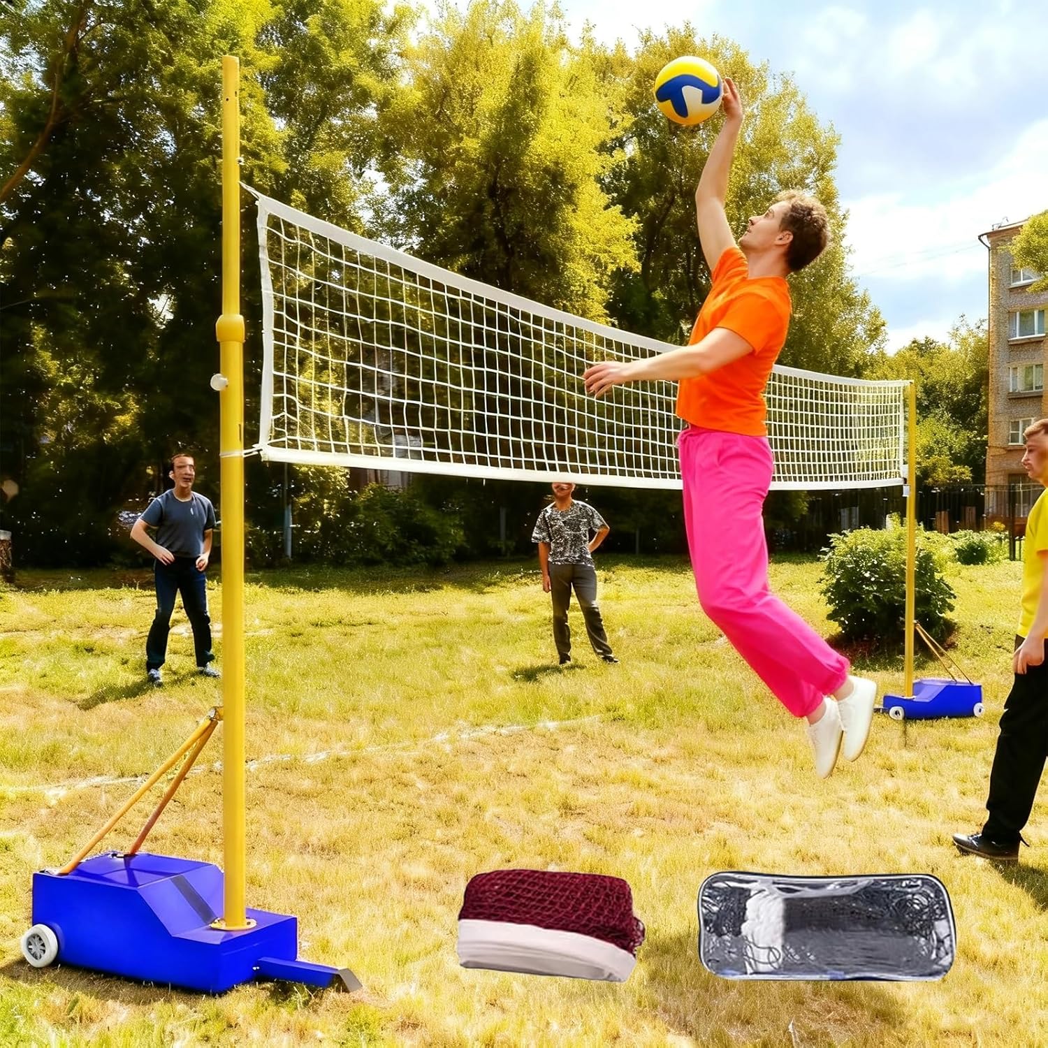 HARELA Badminton/Volleyball Poles for Backyard, with Volleyball Net/Badminton Net, Adjustable 4 Heights of 5.1ft-6.9ft with Wheels, for Adults Kids Stadium