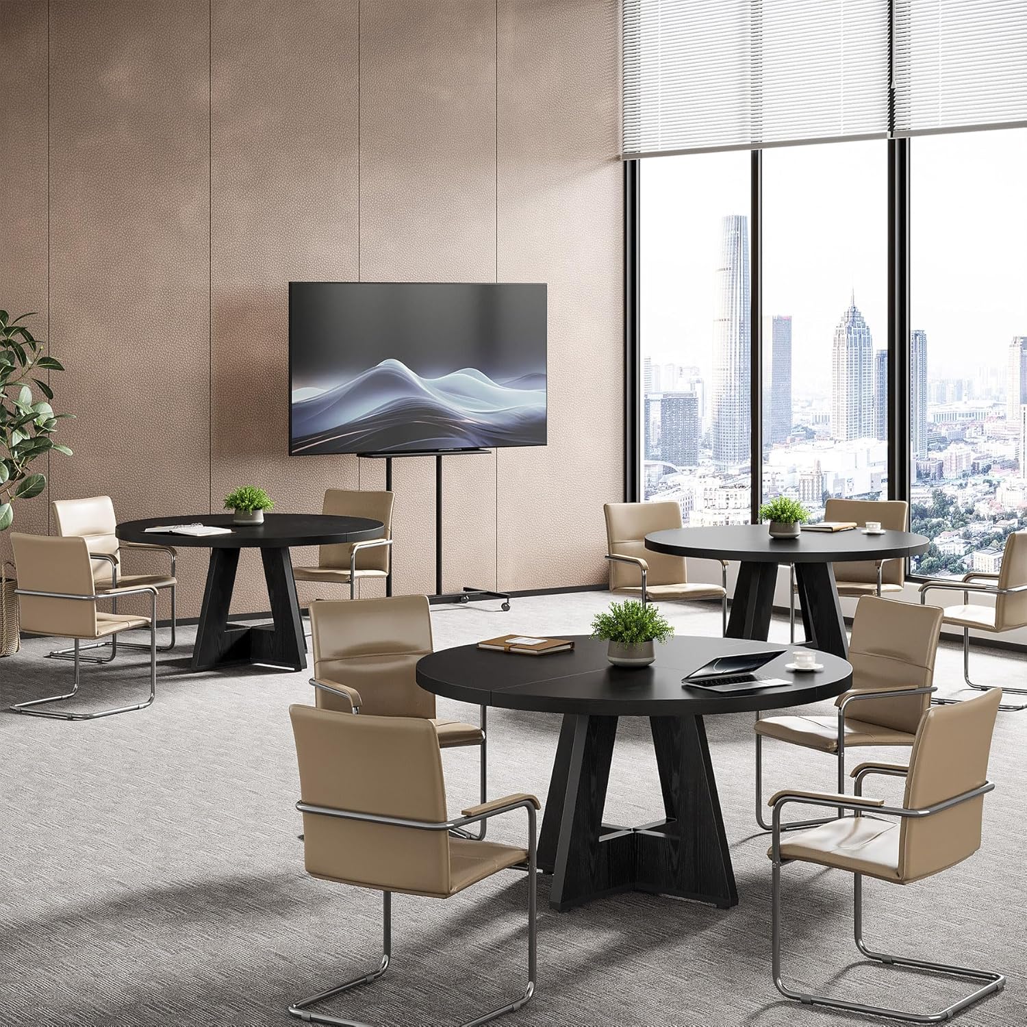 Tribesigns 47-Inch Round Conference Table for 4-6 People, Wooden Meeting Room Table with Thicken Tabletop and Wood Base (Black)