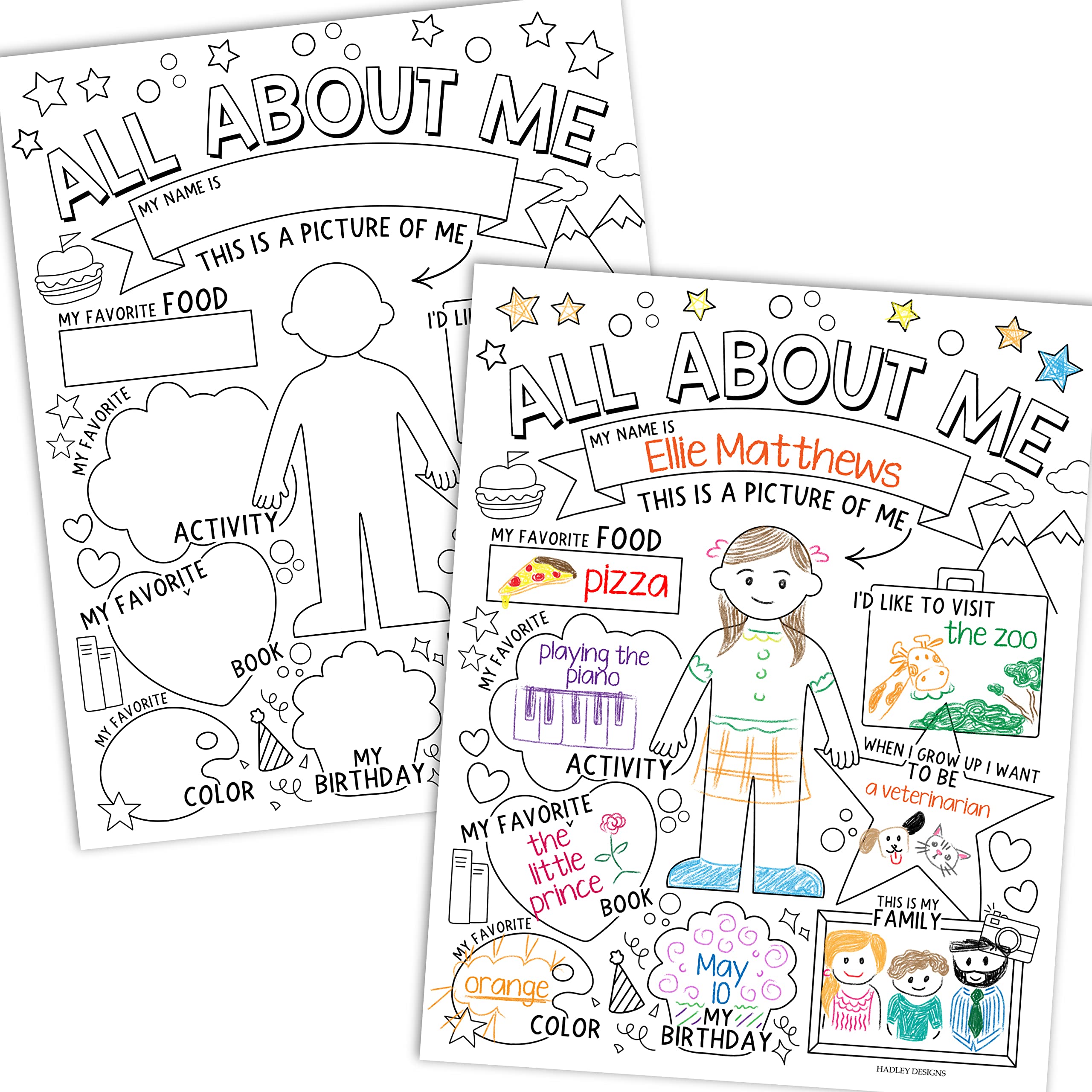 Hadley Designs All About Me Posters Elementary - 20 Star Student Poster Kindergarten, 11x14 All About Myself Star of The Week Poster Preschool, Black and White PreK Classroom Must Haves
