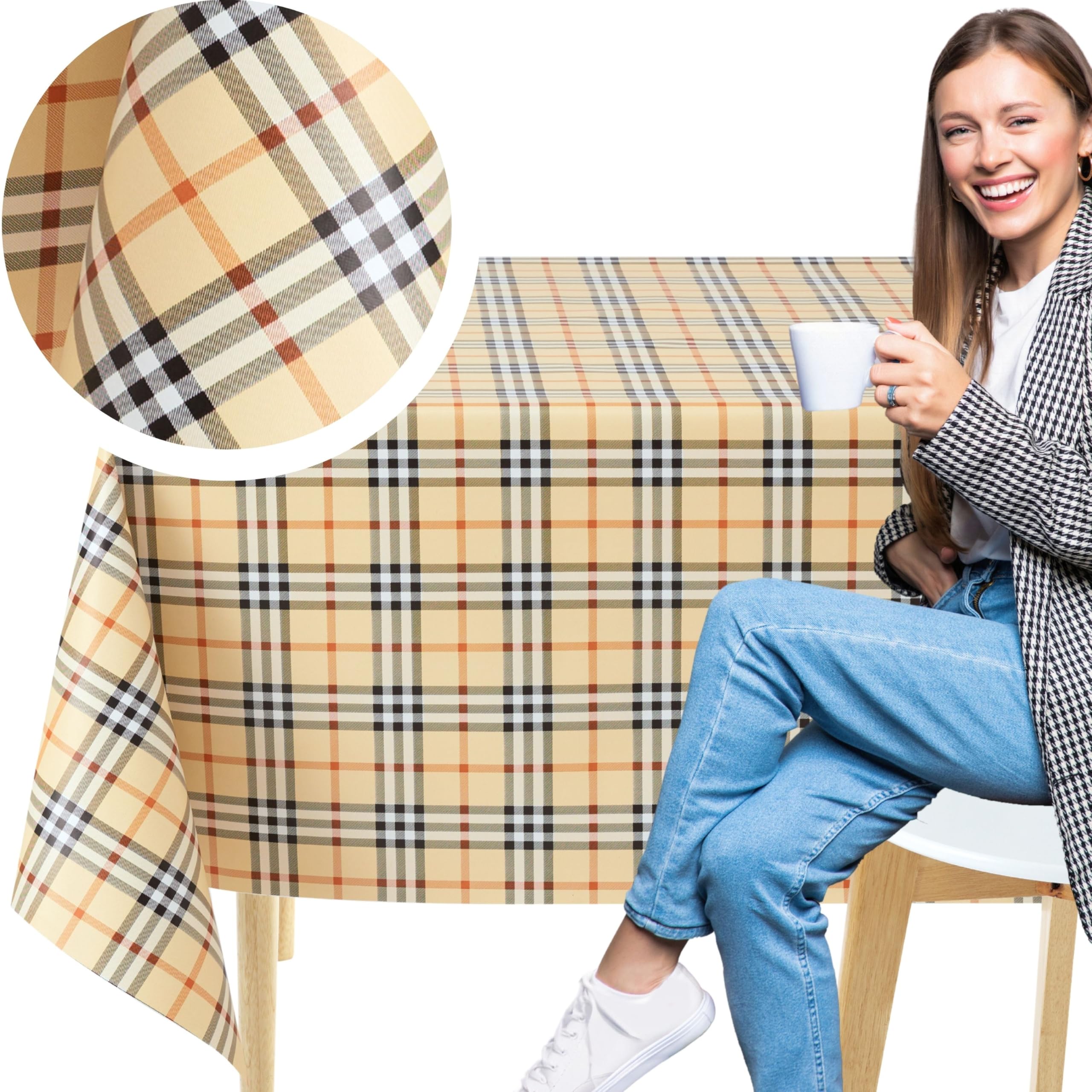 KP HOME Wipe Clean Tablecloth Rectangular 78.7"x 53.9" (200x137cm) - Plastic Table Cloth Wipe Clean, Rectangle Outdoor PVC Oil Cloth Table Cover Waterproof - Beige Heritage Tartan Wipeable Vinyl