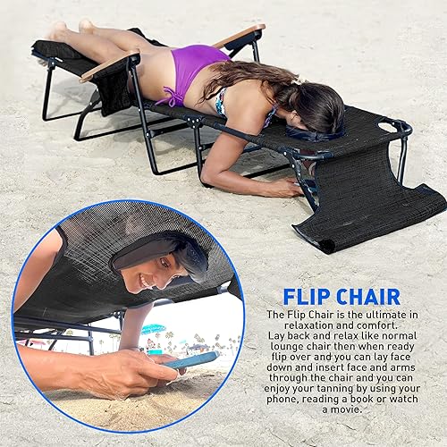 Miniatura 4 de FLIP - Tumbona de bronceado boca abajo con agujeros para la cara y los brazos, soporte de 4 patas, material de textileno, 6 posiciones, almohada
