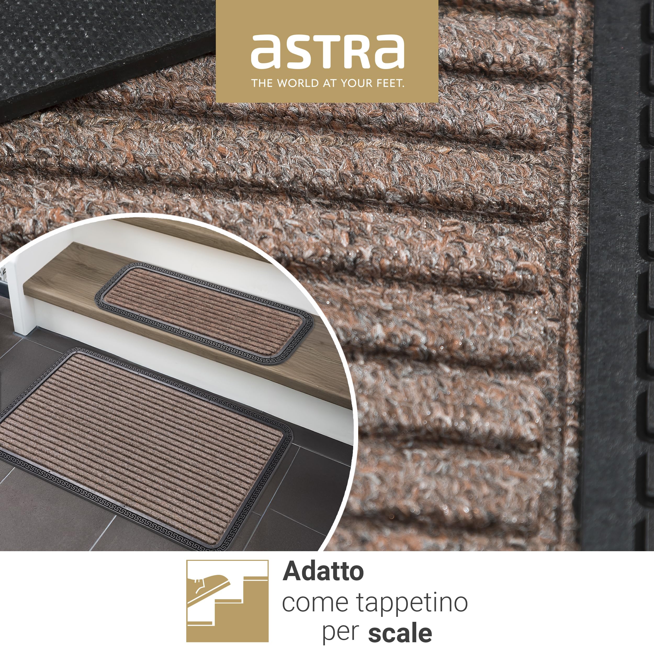 Astra Zerbino per esterni e interni - 40 x 60 cm Linee marroni - Zerbino antiscivolo - Tappeto cattura-sporco molto resistente - Zerbino per gradini esterni