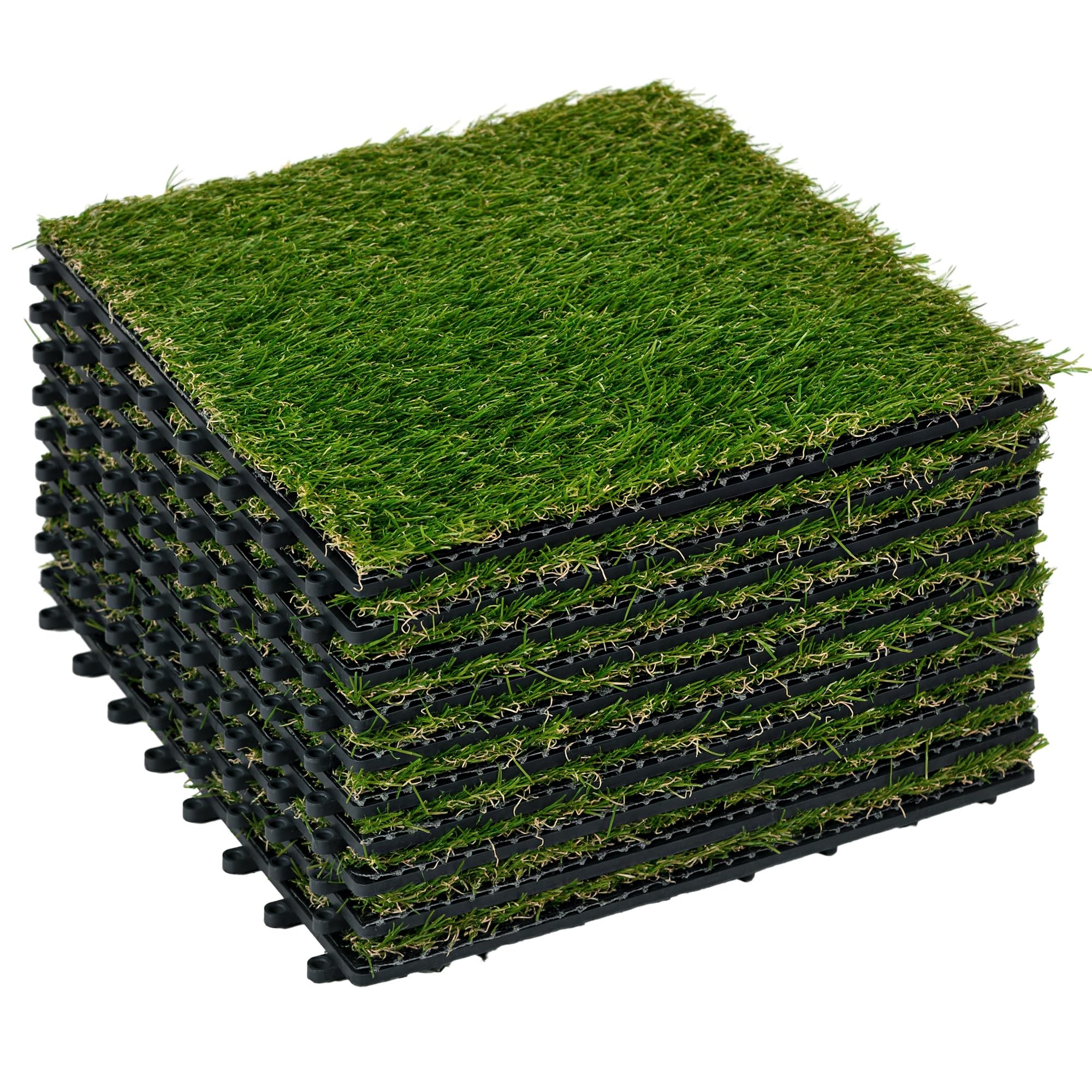 Outsunny Césped Artificial de 10 Piezas Alfombra Césped Artificial 30x30 cm con Altura de Hierba 20 mm Anti-UV para Jardín Patio Balcón Verde Oscuro