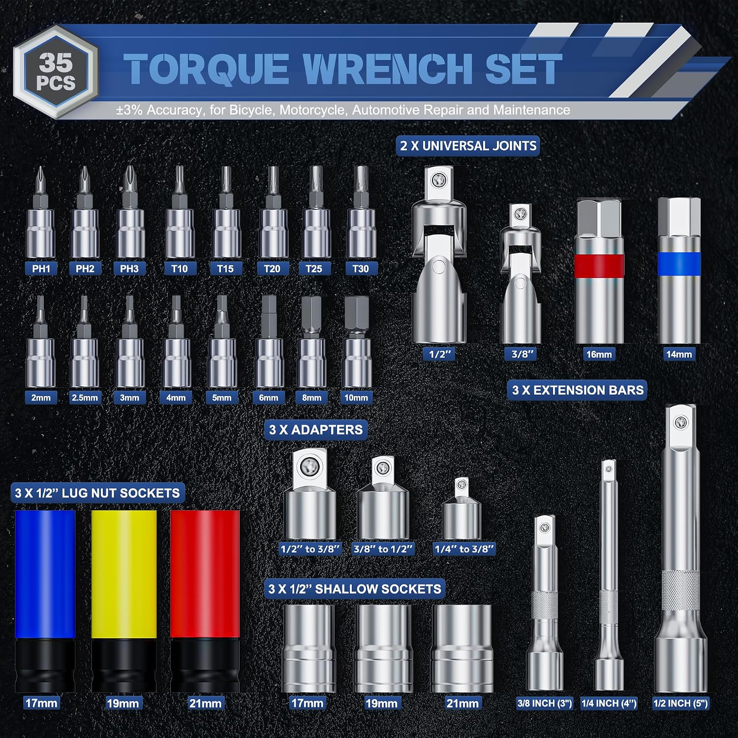 Torque Wrench Set 35PCS, 1/4" 3/8" 1/2" Drive Click Torque Wrench, 72 Tooth Dual-Direction Adjustable, Dual Scale, ±3% Accuracy, for Bicycle, Motorcycle, Automotive Repair and Maintenance