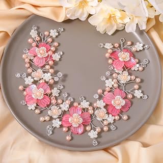 Campsis Flower Girls Headband Pearl Floral Hair Accessory Pink Crystal Princess Headband