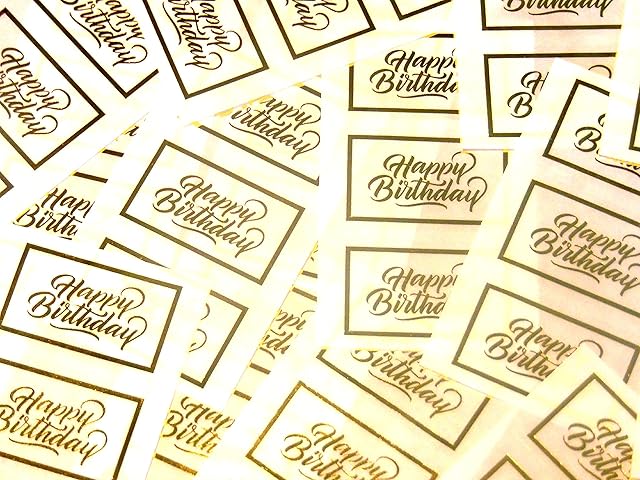 Pack of 24 Happy Birthday Stickers, Bright Shiny Gold on Clear Transparent - Labels for Cards, Craft and Decoration