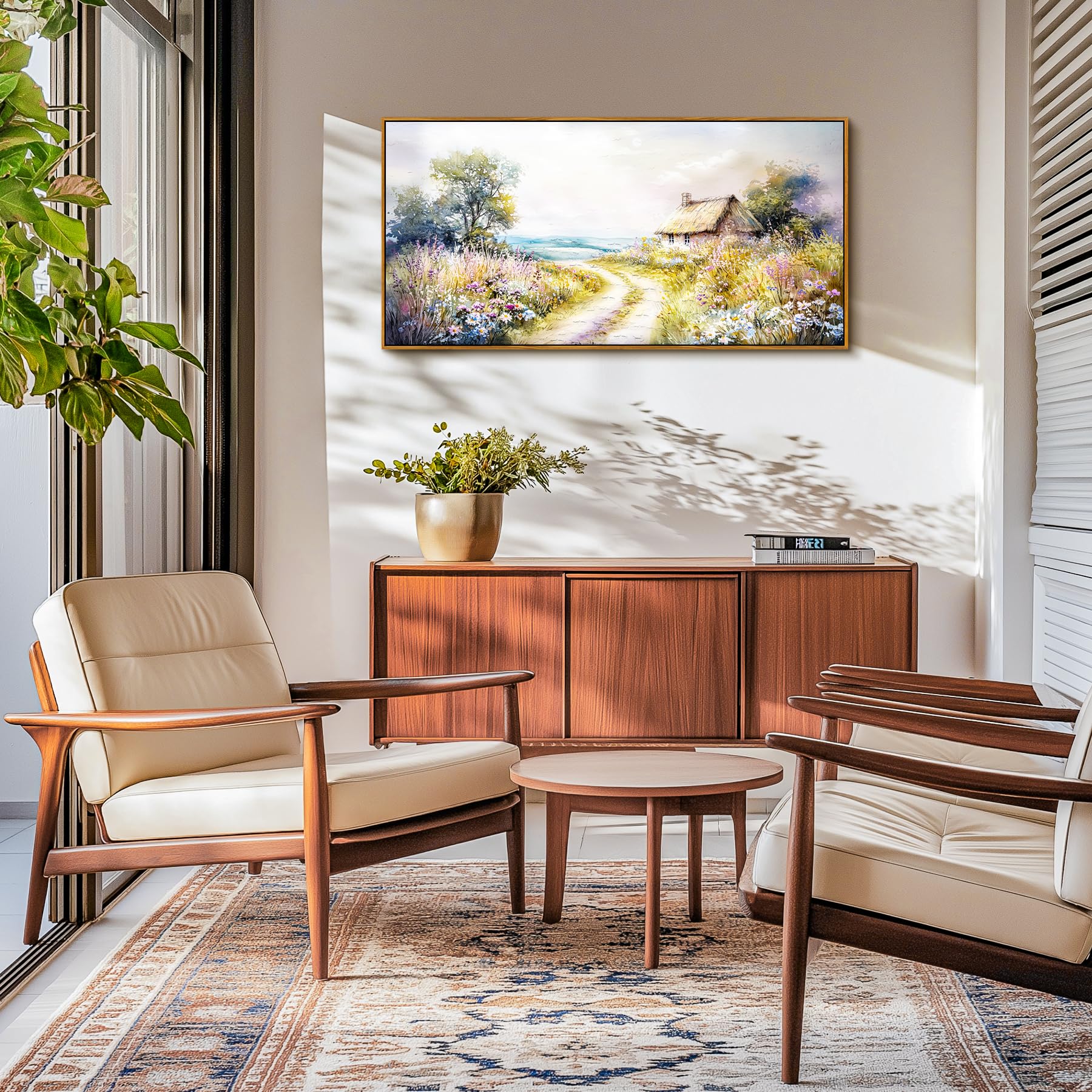 MHARTK66 Landweg Bilder Mit Rahmen Holz, Landschaft Leinwand Bild Aesthetic, 50x100 cm Groß Wandbilder Wohnzimmer, Modern Wanddeko Kunstdruck Schlafzimmer Esszimmer Flur Büro Küche Badezimmer