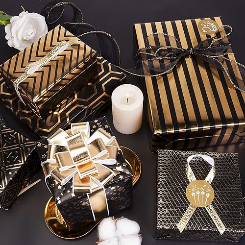 Miniatura 3 de Larcenciel Juego de papel de regalo de regalo, 6 hojas de papel de regalo metálico negro dorado con lazo de regalo y calcomanía, envolturas de
