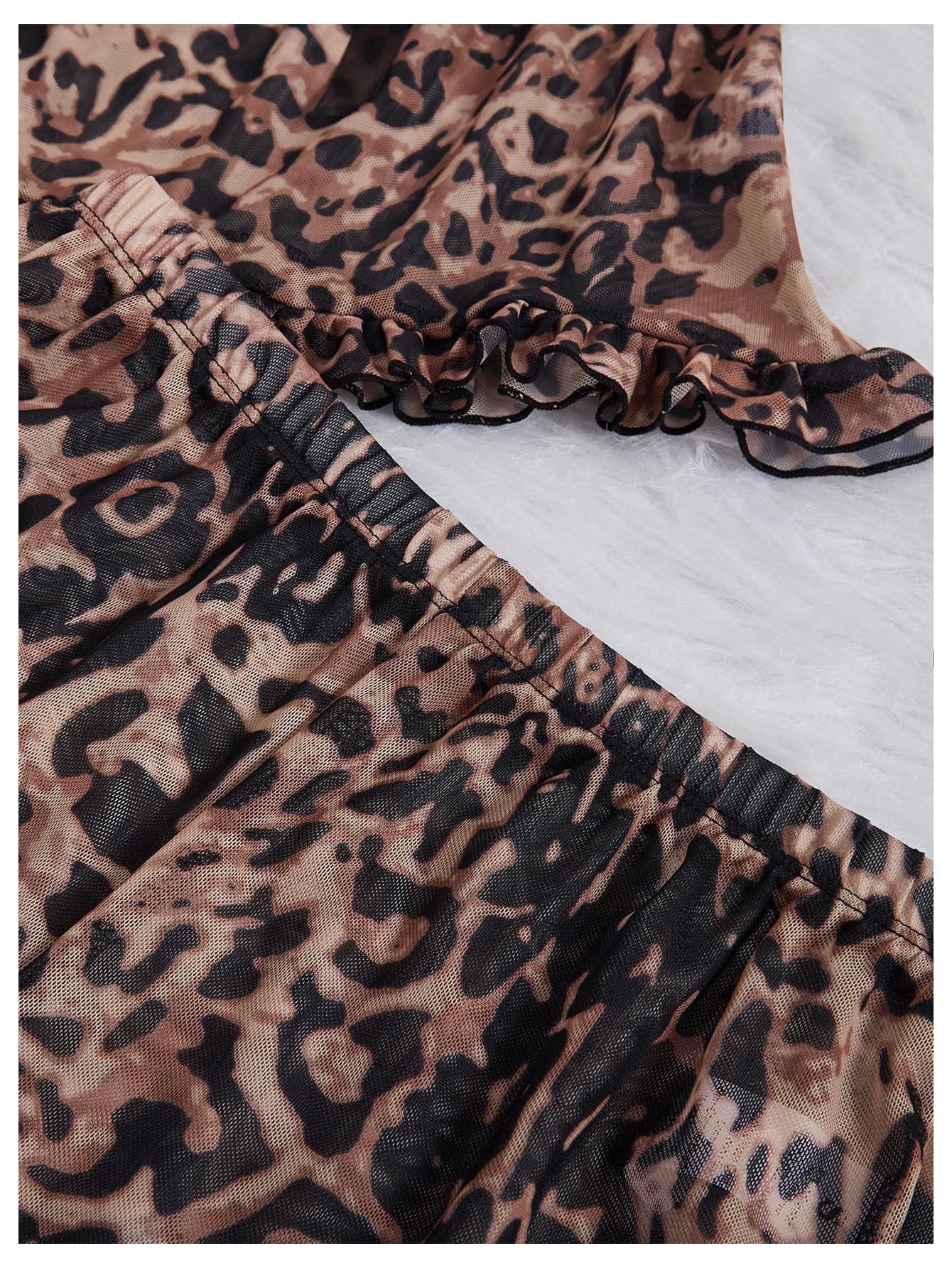 BEAUDRM Women's 2 Piece Sexy Mesh Sheer Pajama Set Leopard Print Ruffle Trim Cami Top and Pants Sleepwear Cheetah Print Pjs: Medium Brown