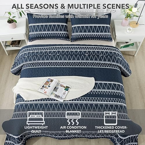 Miniatura 6 de Andency Juego de edredón azul marino Queen (90 x 96 pulgadas), 3 piezas (1 edredón estampado de triángulos a rayas y 2 fundas de almohada), juego de
