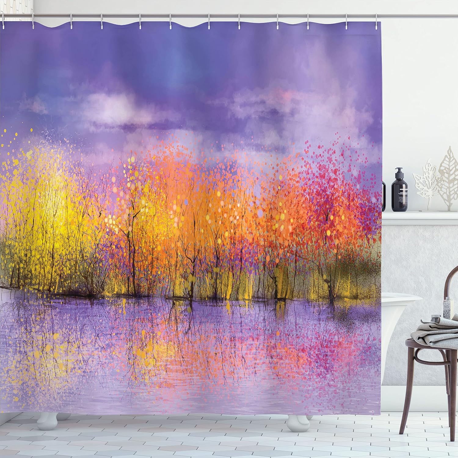 Ambesonne Striped Shower Curtain, Vertical Abstract Featured Swirl Lines Curved Sketchy Bands and Dots Display, Cloth Fabric Bathroom Decor Set with Hooks, 69" W x 75" L, Lilac Coral