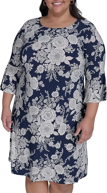 Tommy Hilfiger 3/4 Bell Sleeve High Neck Sheath Mini Dress, Womens Sky Captain/Ivory, 18 Plus