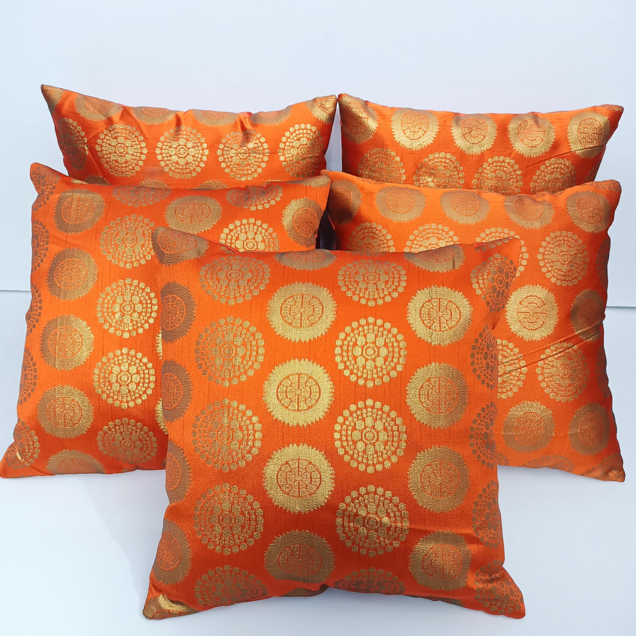 LOFEY Banarasi Printed Silk Cushion Covers, Set of 5 | Elegant 16x16 Inch (40x40cm) Square Pillow Cases for Sofas, Beds, and Chairs (Orange)-picture-10