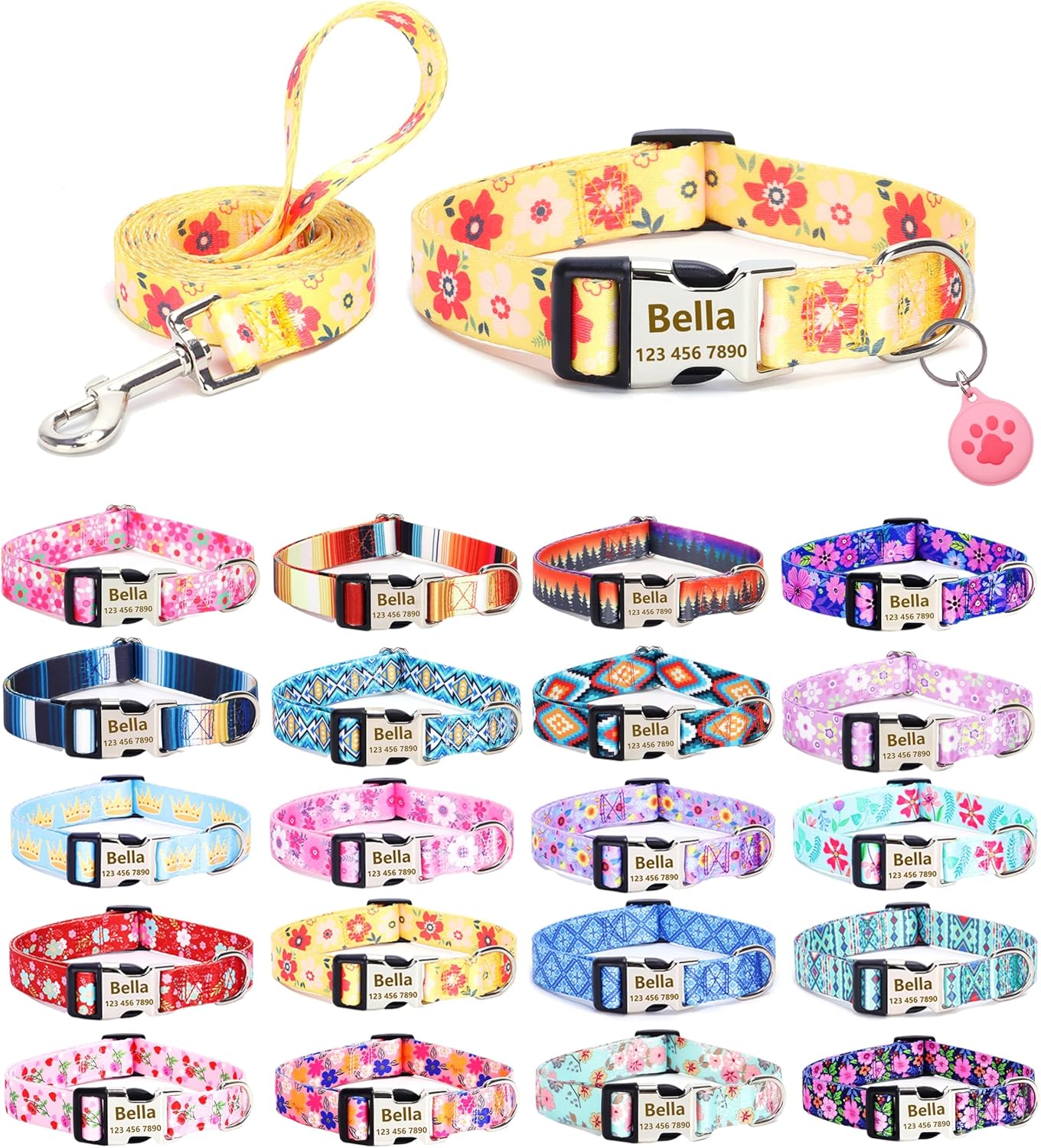 Moonpet Personalized Custom Customized Dog Collars Leash Airtag Holder Case Set with Engraved ID Name Plate Phone Number for Puppy X-Small Small Medium Large X-Large Boy Girl Dogs-Yellow Flower-M