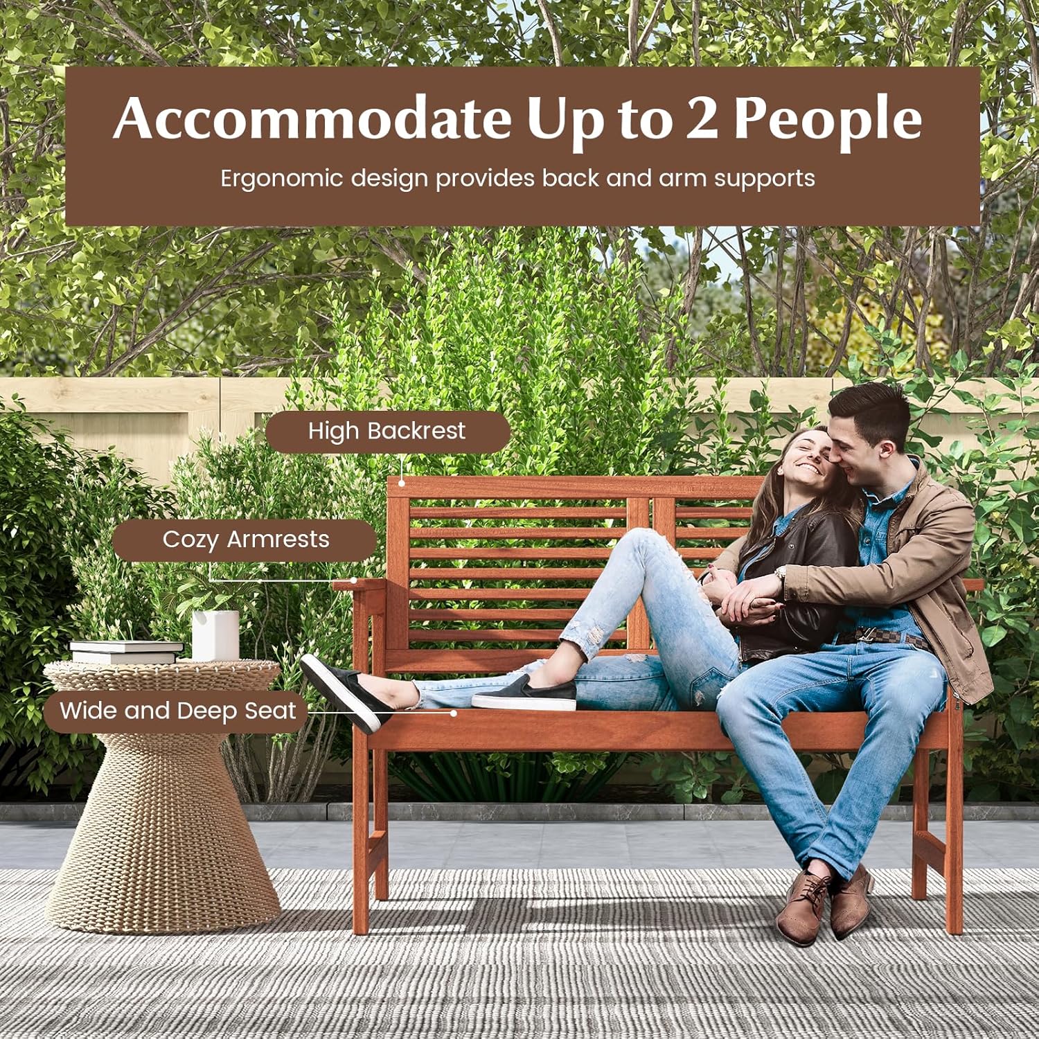 Tangkula Outdoor Bench with Cushion, 2-Person Patio Bench with Slatted Back & Seat, Removable Cushion, Conversation Loveseat Chair for Porch Lawn Garden Backyard Balcony (Off White)