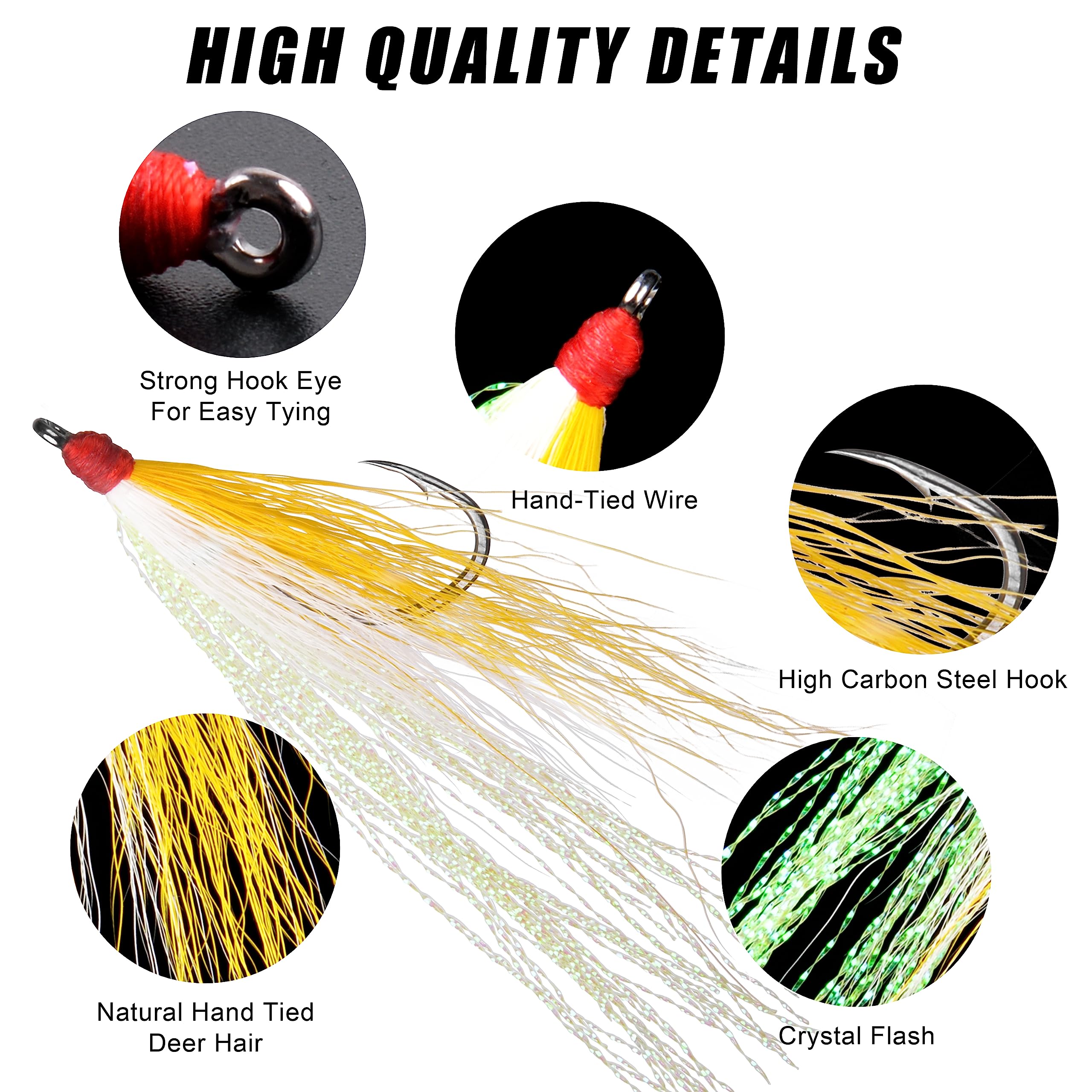 Bucktail Teasers Fishing Hooks Saltwater, 10pcs Fishing Teaser Lures Crystal Mylar Flash Teasers Jig Hooks for Flounder Salmon Trout Striped Sea Bass Bluefish Mix