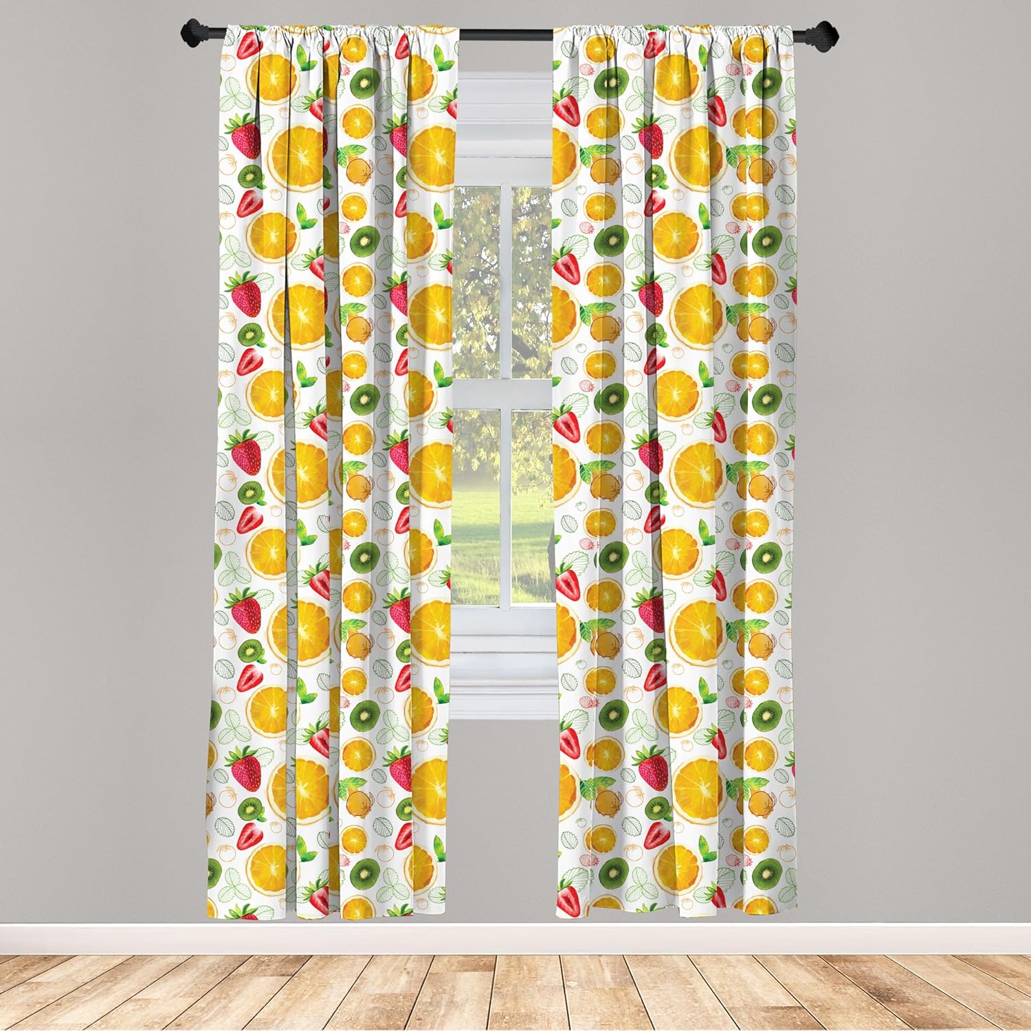 Ambesonne Fruits Curtains, Citrus Kiwi Lemon Leaves Apricot Watermelon Fresh Exotic Kitchen, Window Treatments 2 Panel Set for Living Room Bedroom, Pair of - 28" x 95", Yellow Lime