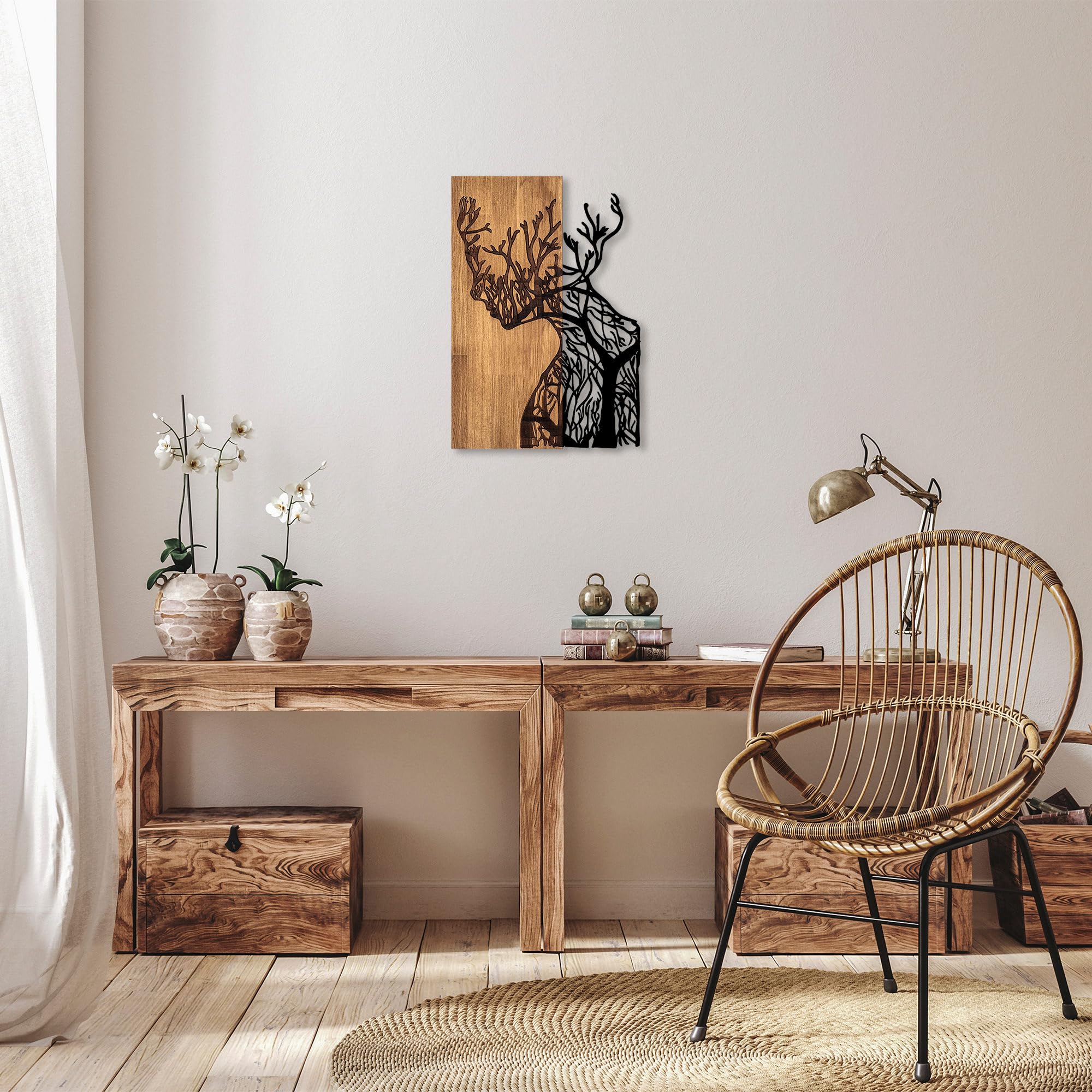 Stylish Decorative Wooden Wall Accessory, Black & Walnut, 41 x 3 x 58 cm, 50% Wood (3 cm) & 50% Metal (1.5 mm), Unique Design for Home Decor