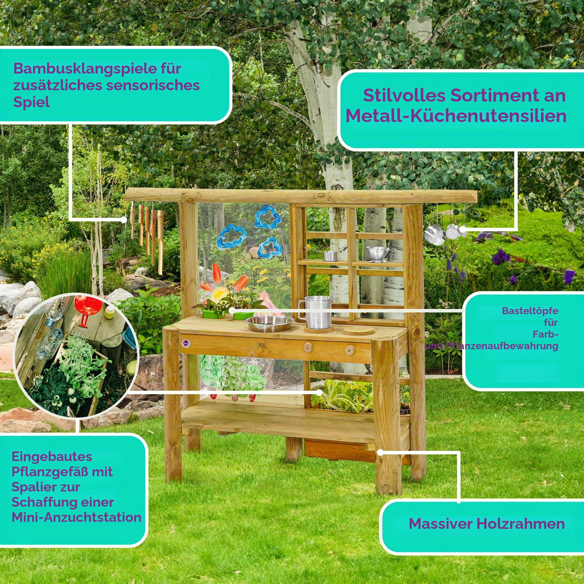 Plum Discovery Matschküche Kinder Outdoor I Outdoor Spielküche aus Holz mit Spülbecken und Pflanzbeet I Kindergrill I Gartenspielzeug ab 3 Jahren