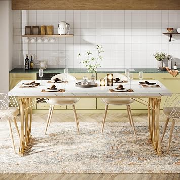 Tribesigns 63 Dining Table for 4 to 6, White and Gold Kitchen Table