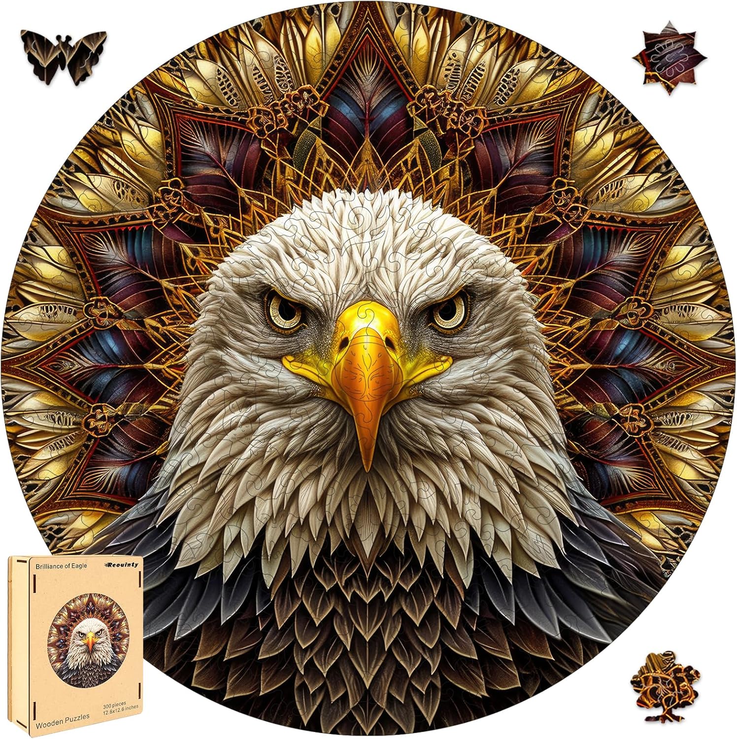 Reouinty Bald Eagle Wooden Puzzle for Adults 500 Piece, Mandala Wooden Jigsaw Puzzles, Inspiring Puzzle, Beautiful Wooden Puzzle with Box Birthday Gifts for Adults and Kids Family Game(16.5 * 16.5in) 500pcs Brilliance of Eagle