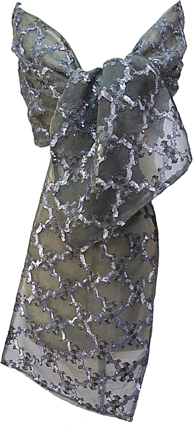 "Sequin Trellis" Embroidered Sheer Silk Scarf Stole Shawl Wrap Table Runner Grey