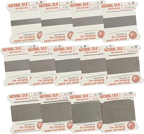 Griffin - Cordón de cuentas de seda Perlseide, color gris, surtido de tamaños 0-16, 6.6 ft por tarjeta, aguja de acero inoxidable, para anudar