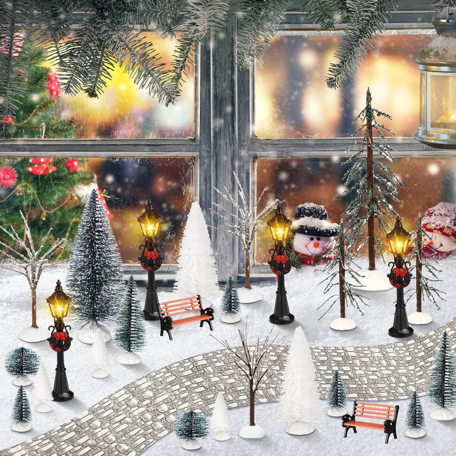 Hotop 28 Pcs Mini Artificial Christmas Village Tree Set Snow Christmas Pine Bare Branch Trees Xmas Street Lamp Post Miniature Park Bench Seat Cobblestone Street for Decoration(Stylish)