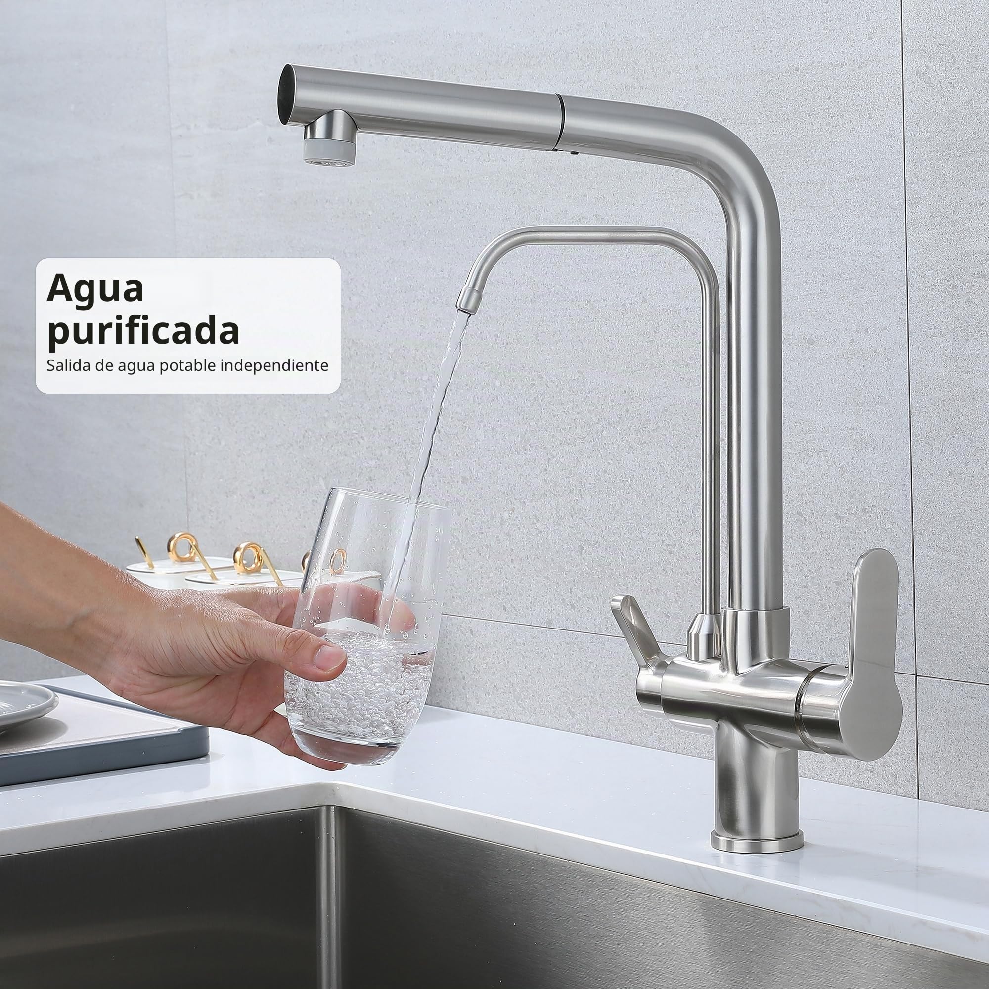 Grifo de Cocina Ósmosis 3 Vías con Ducha Extraíble, Giratorio 360°, Grifo Fregadero 3 en 1 para Agua Fría/Caliente y Agua Filtrada, Grifo para Ósmosis (cepillado)