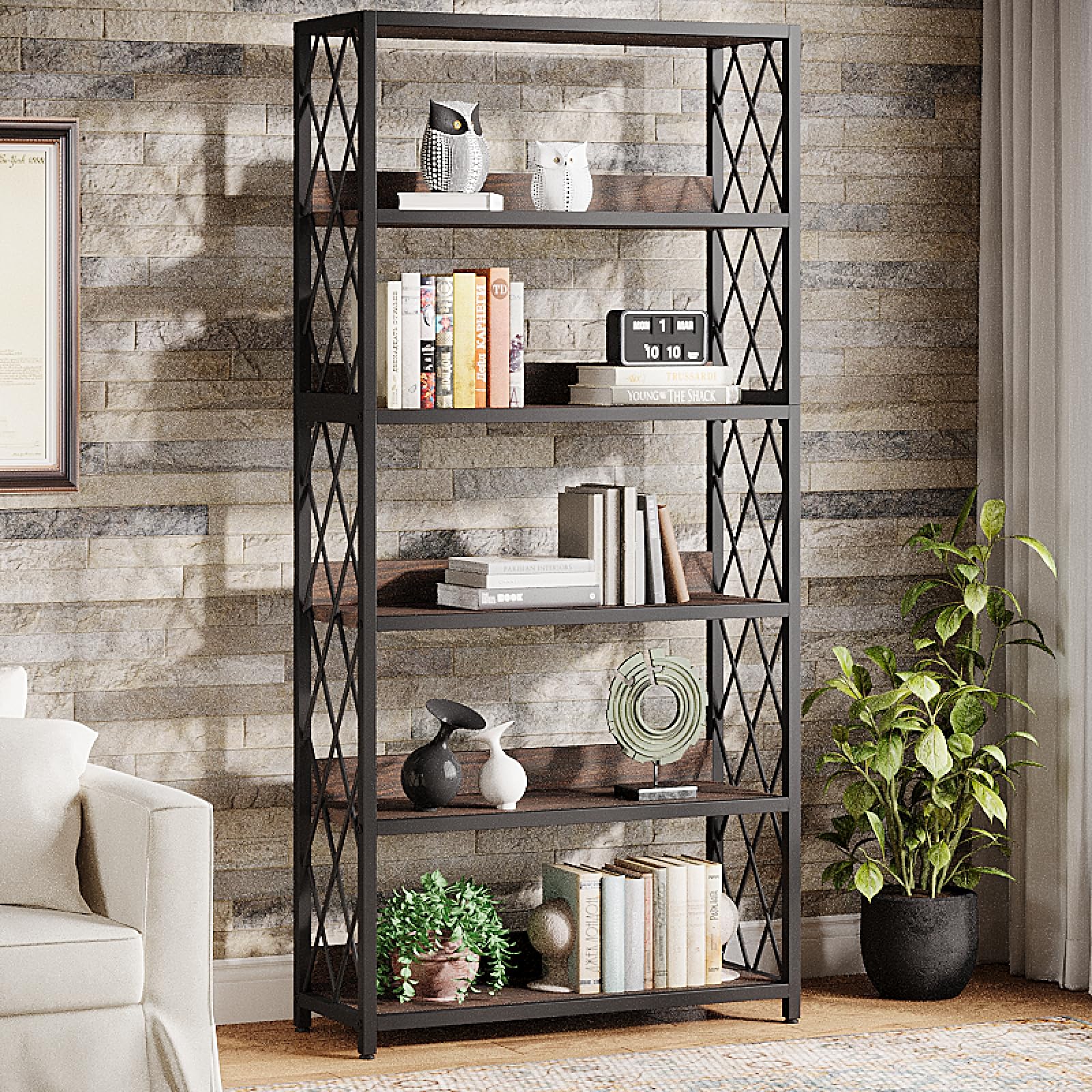 Libreria Industriale Tribesigns 180cm - 5 Ripiani Vintage - Grigio E Nero - Per Soggiorno O Ufficio - Foto 10