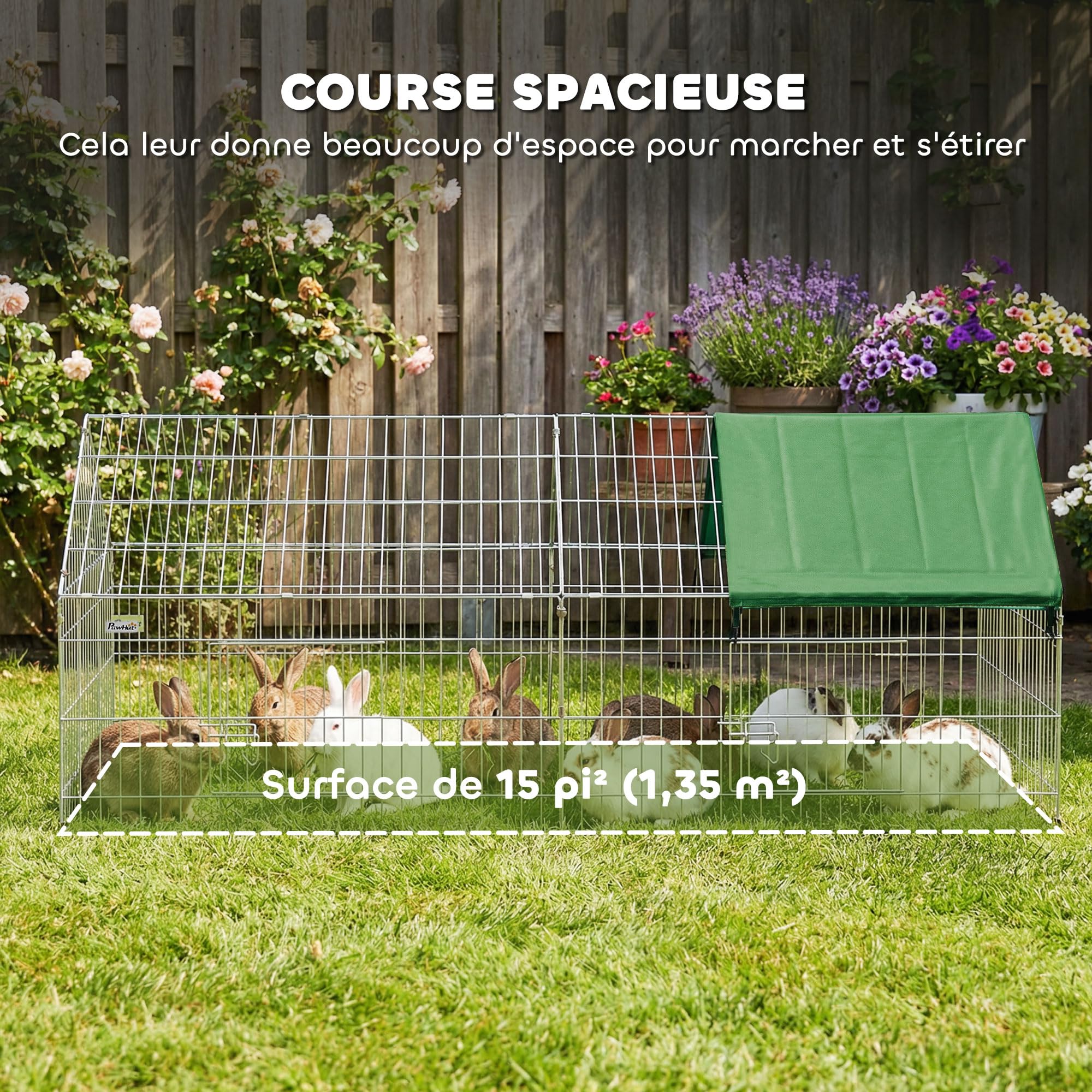 PawHut Parc Enclos Cage Lapin Extérieur, Structure Acier avec 2 Portes Verrouillables et Protection Pare-Soleil Toit Incliné, pour Lapins Poulets Canards Petits Animaux, 180x75x75 cm, Vert