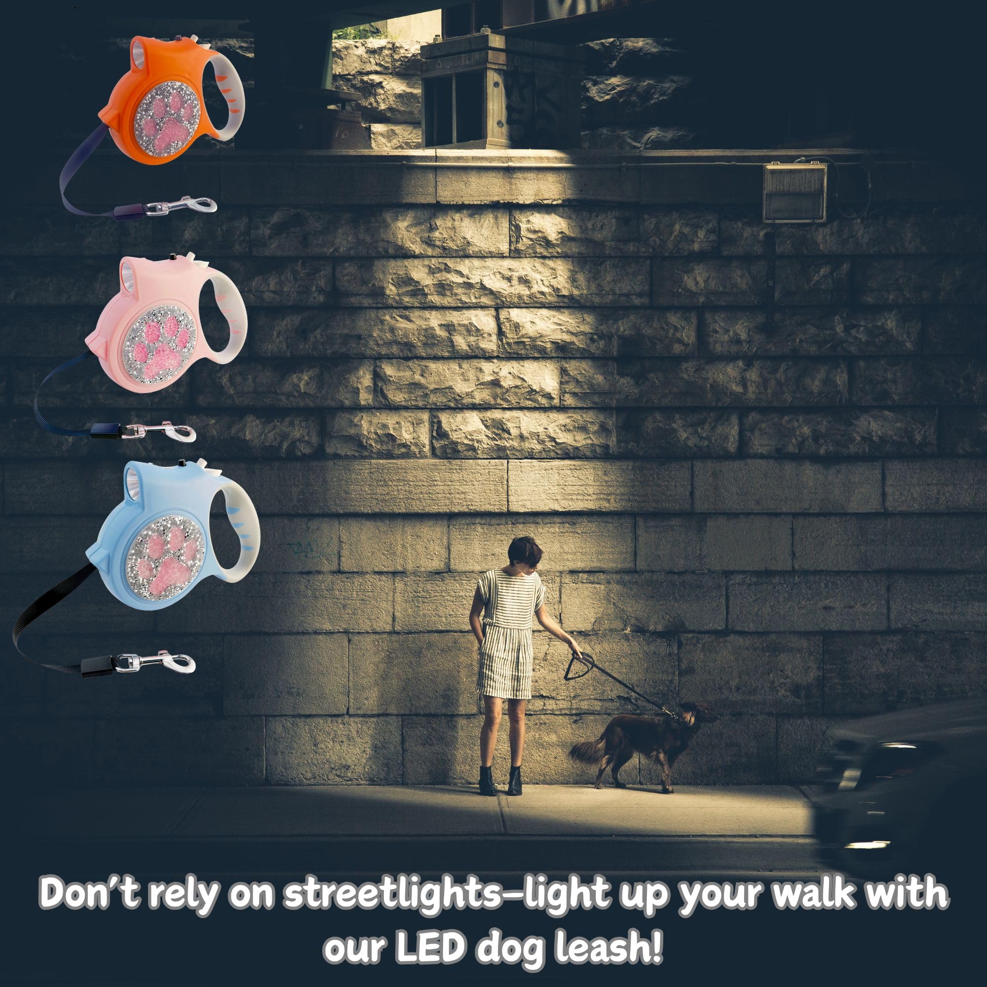 Correa retráctil con luz LED para perros pequeños a medianos, extensible hasta 196 pulgadas para paseos nocturnos seguros (negro)
