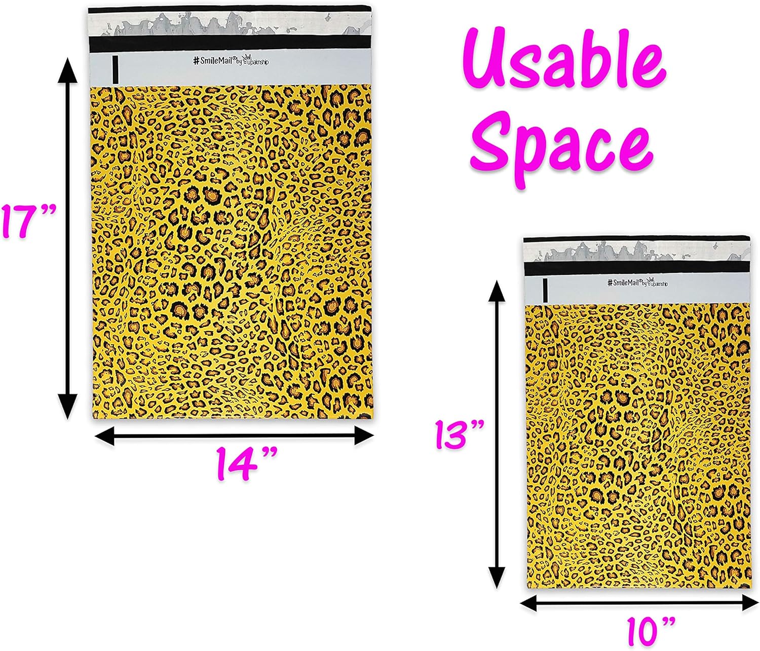 10x13, 14x17 Inch 100 Pack Leopard Poly Mailers, Cheetah Print Envelope Self Sealing Plastic Custom Mailing & Shipping Bags, W/Kissy Stickers (Both Sizes Combo)
