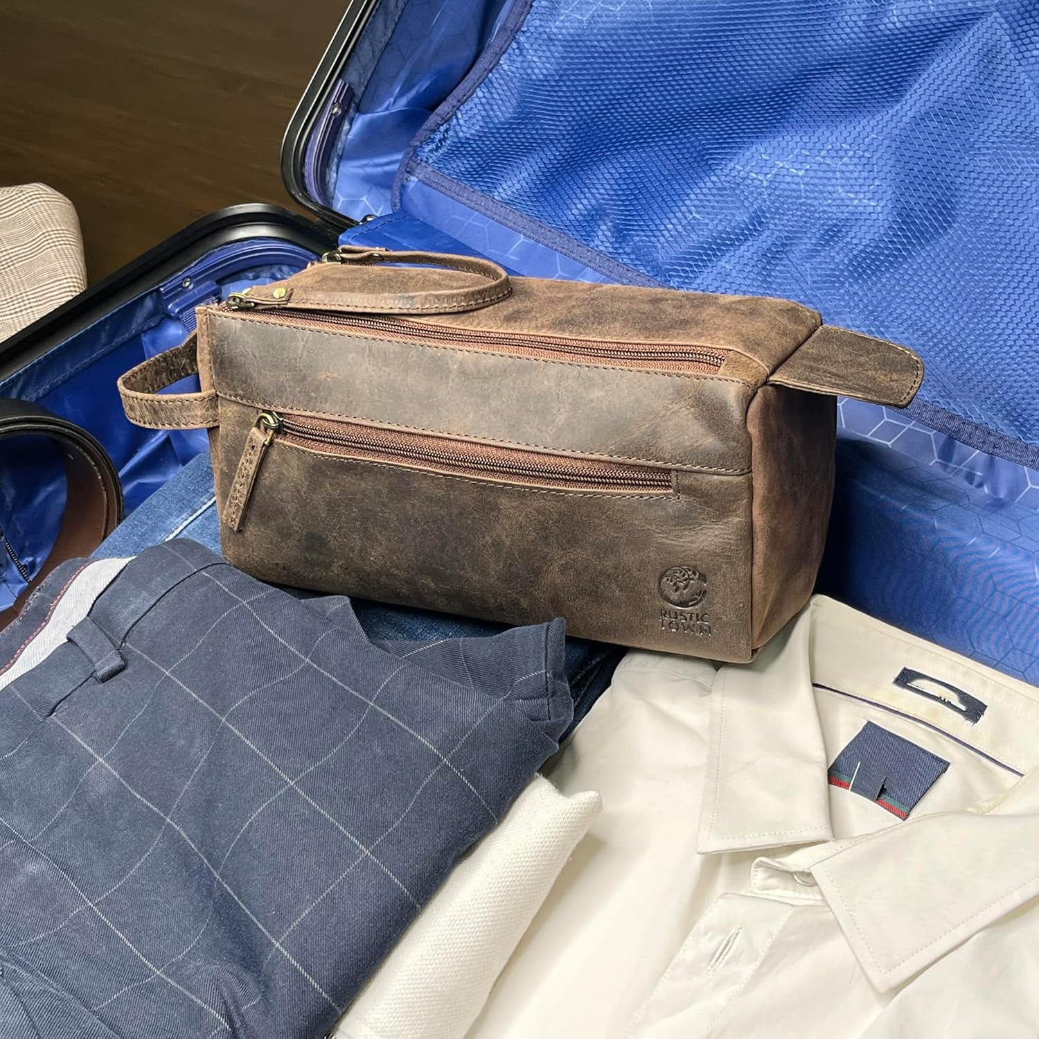 Leather Wash Bag for Men - Travel Toiletry Bag - Shaving Dopp Kit Toiletries Organizer - Leather Makeup Bag for Women