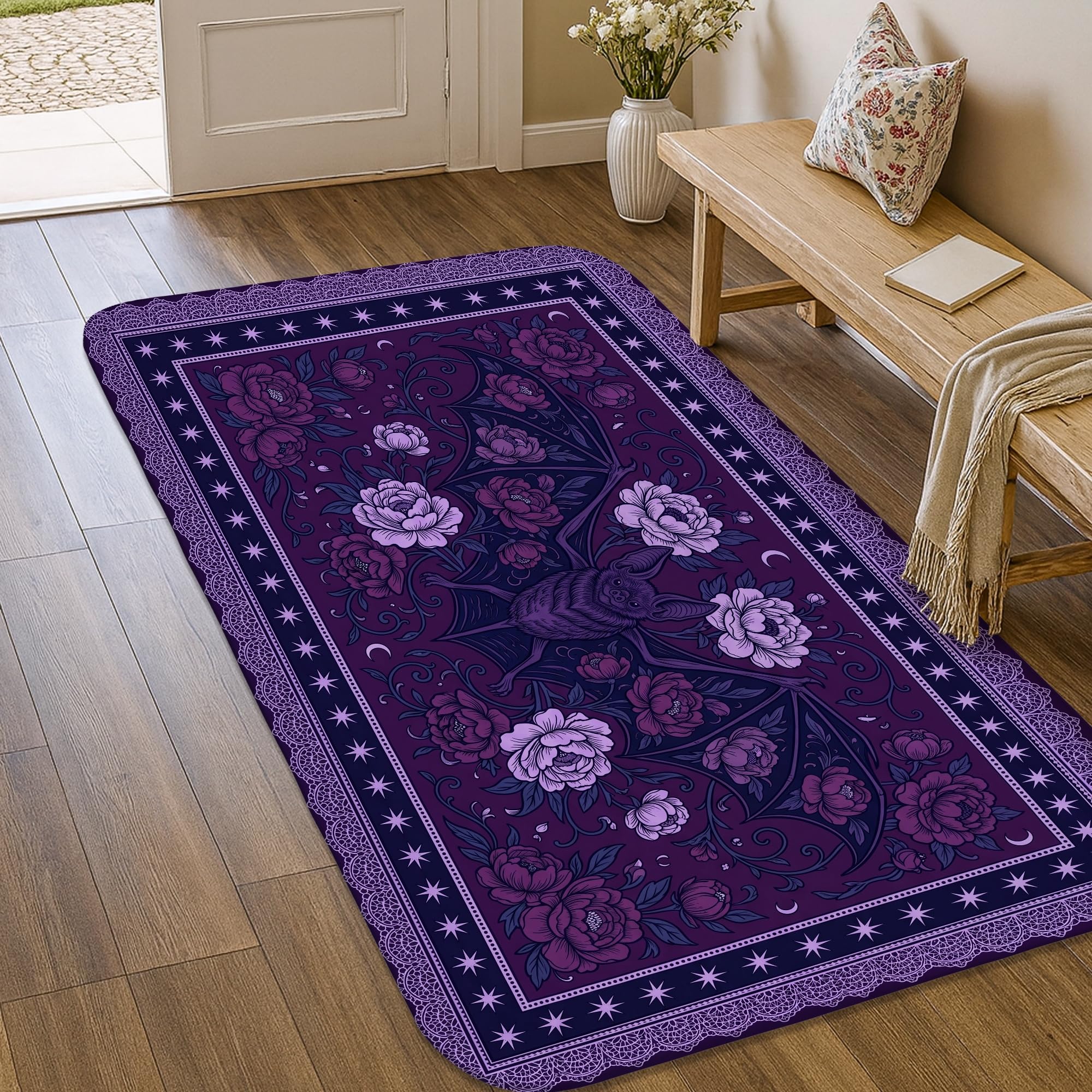 Alfombra para sala de estar y cocina con rosas violetas decorativas de 3x5