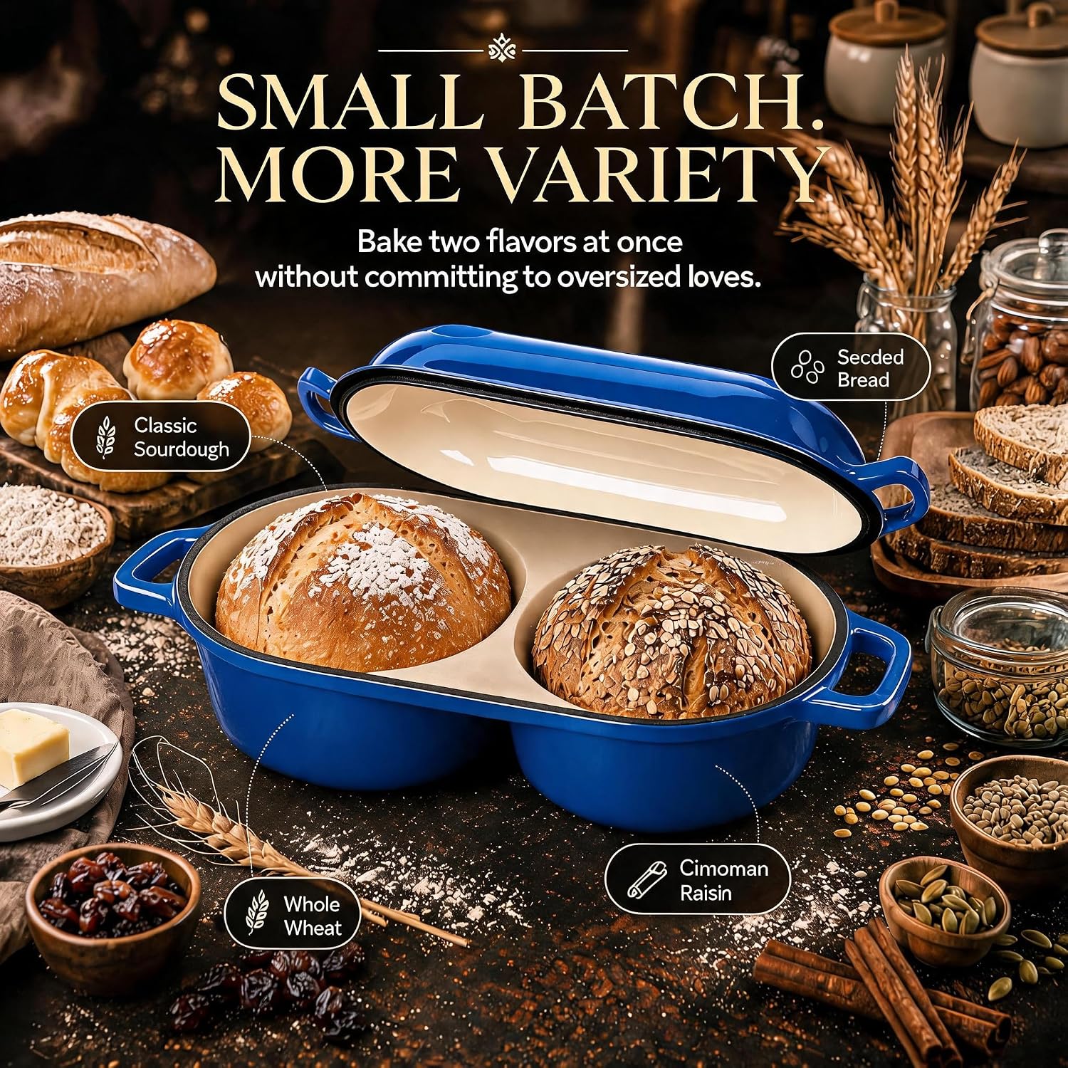 Mini Double Dutch Oven For Sourdough Bread Baking, 2.2QT Enameled Cast Iron