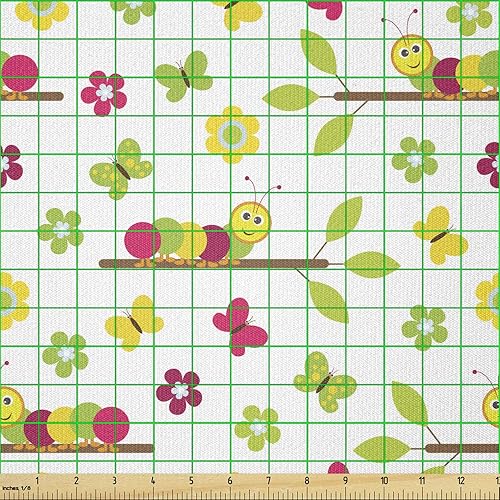 Miniatura 2 de Ambesonne Caterpillar Fabric by The Yard, Colorful Pre Concept of Cheerful Caterpillars on Tree Branches Pattern, Stretch Knit Fabric for Clothing