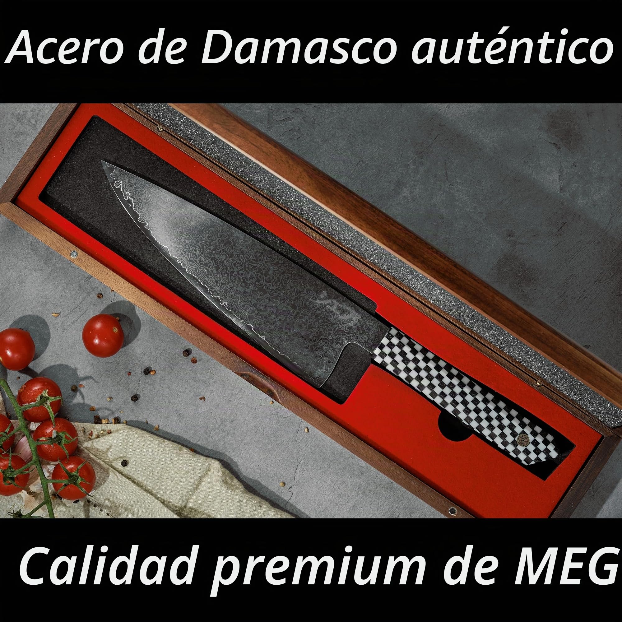MEG Cuchillo Chef Gyuto Japonés 20,5 cm, Damasco 67 Capas con Patrón Gotas de Lluvia, Núcleo 10Cr15CoMoV, hasta 62 HRC, Mango Octogonal de Resina, Caja de Acacia