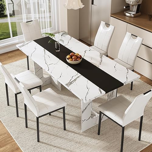 St.Mandyu 7 Pieces Dining Table & Chairs Set for 4-8 People, 71 Inch Kitchen Table with 6 Chairs, Rectangle Dining Table with Wooden Legs for Dining Room, Living Room, White