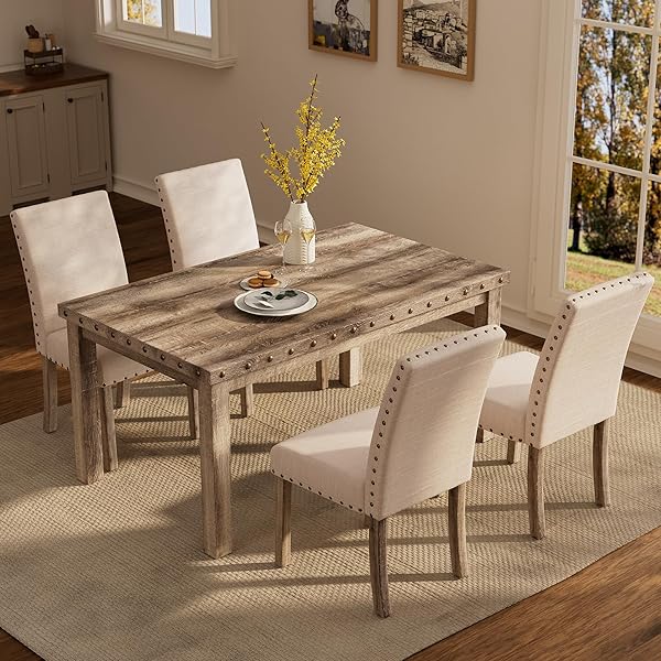 Rustic Table with Upholstered Nailhead Chairs
