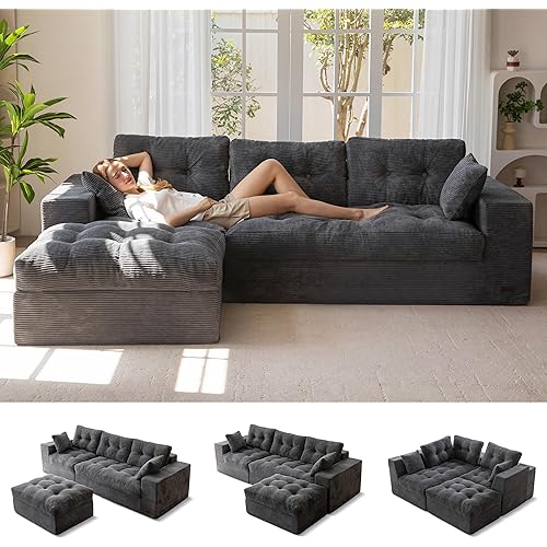 MAXYOYO L-Shaped Sectional Sofa with Convertible Left/Right Ottoman, Cloud Boneless Modular Couch, Layered Cushion & Tufted Upholstered, 4-in-1 Flexible Combination, No Assembly, Dark Grey