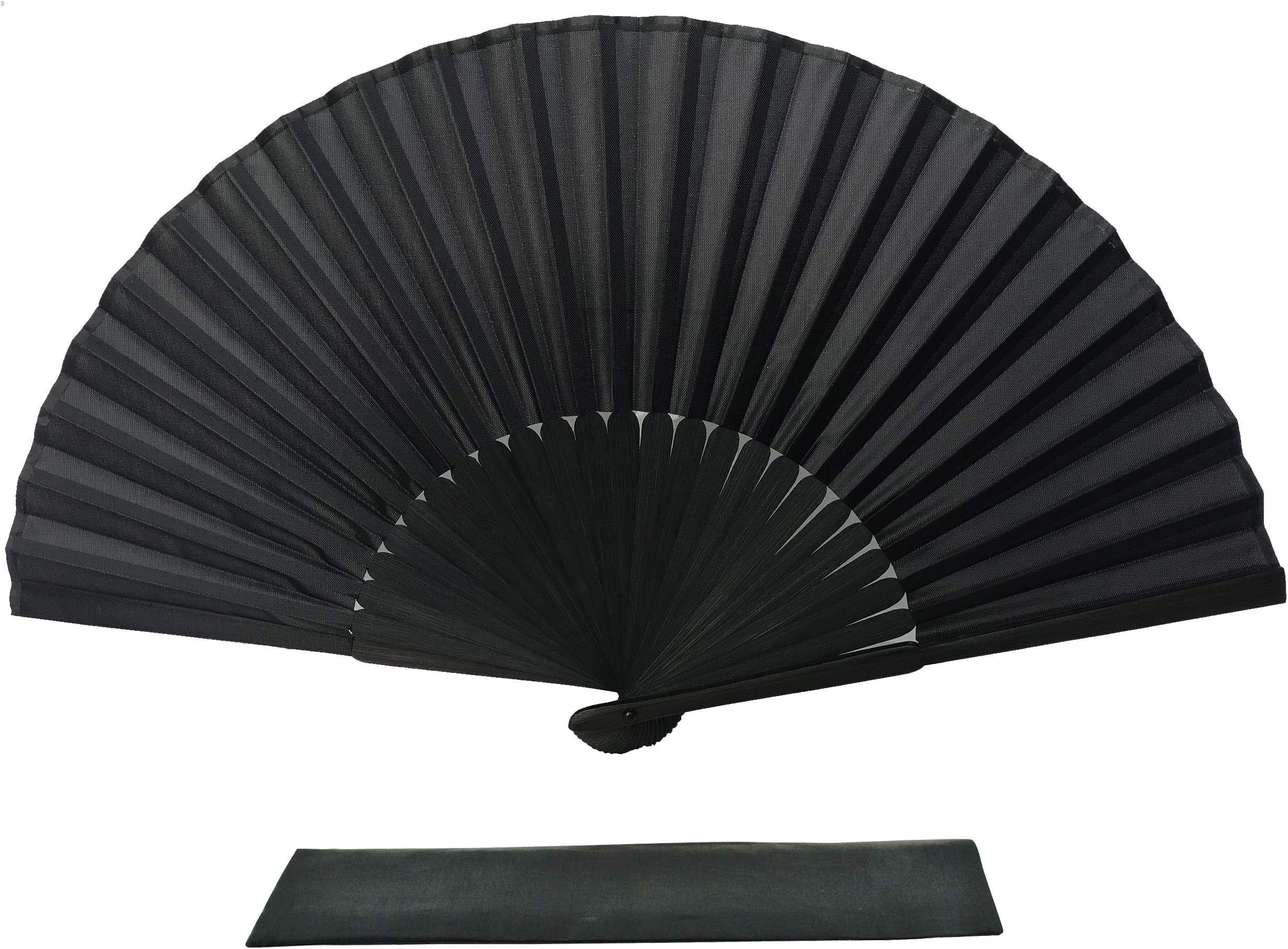 Black Silk Fabric Folding Hand Held Fan with a Pouch Bamboo Ribs Chinese Vintage Handheld Girls Women Wedding Party Favour Gift (Simple Black)