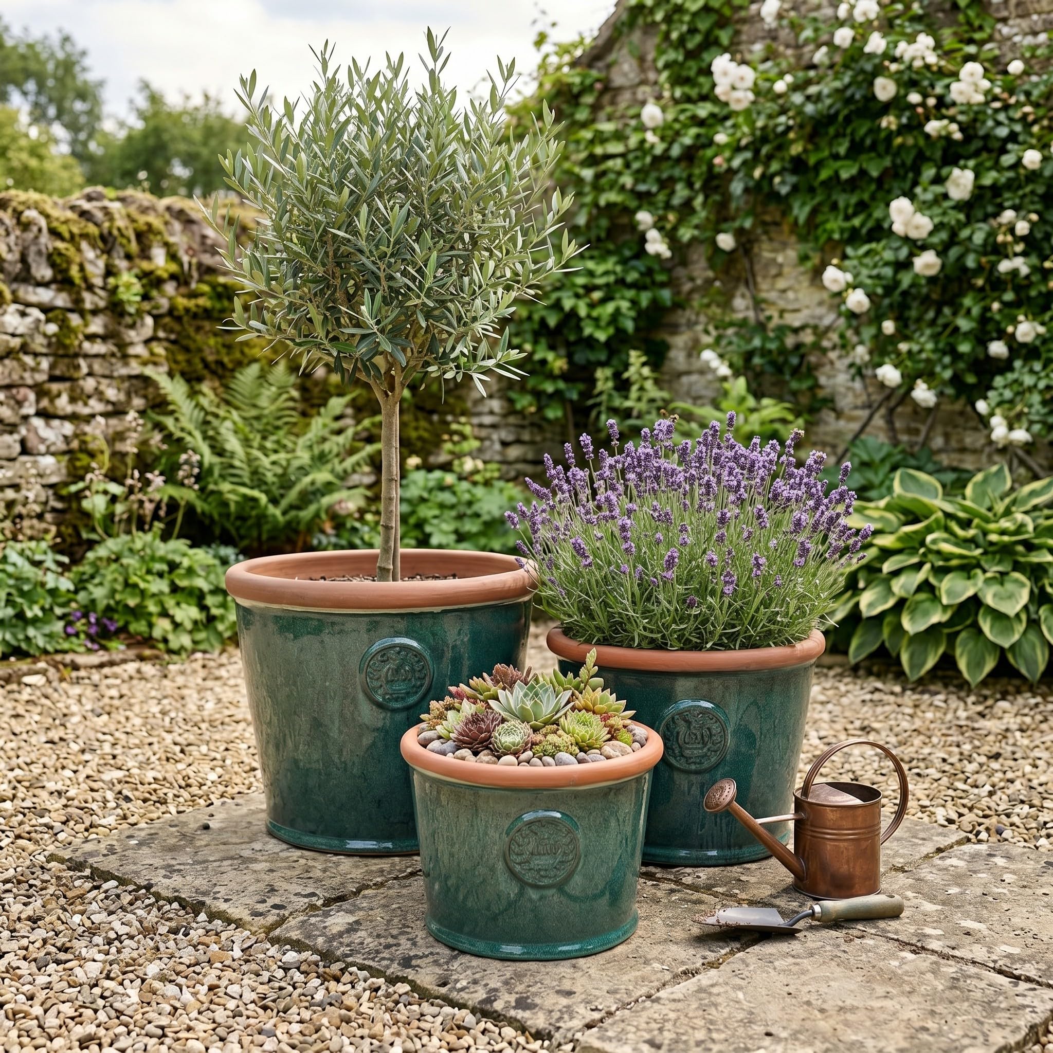 Teramico Pot de fleurs - Couronne - En grès émaillé - Blanc gris turquoise - 34 cm - 45 cm - Absolument résistant au gel et aux intempéries - (Vert mousse, 36 cm x 28 cm)
