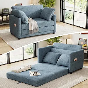 51" Loveseat Sleeper Sofa Bed, Chenille Convertible Floor Sofa Bed for Small Spaces, Folding Couch Bed with Deep Seat, 2 Pillows & Solid Frame, Pull Out Couch for Living Room, Light Blue