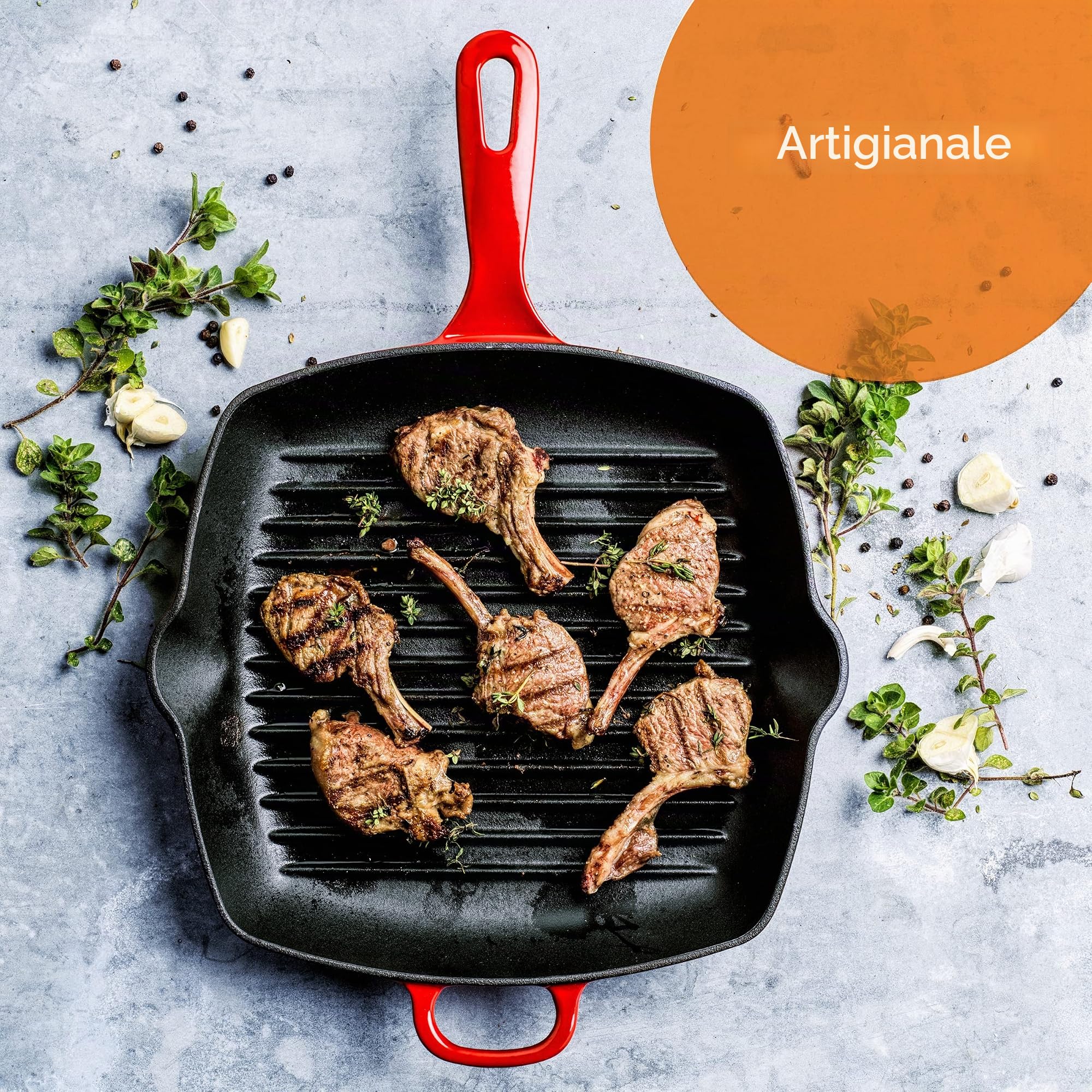 BK Bourgogne Padella per Grigliare Antiaderente in Ghisa Smaltata a Induzione, Senza PFAS, Sicuro al Forno fino a 230˚C, Lavabile in lavastoviglie, Rosso Peperoncino